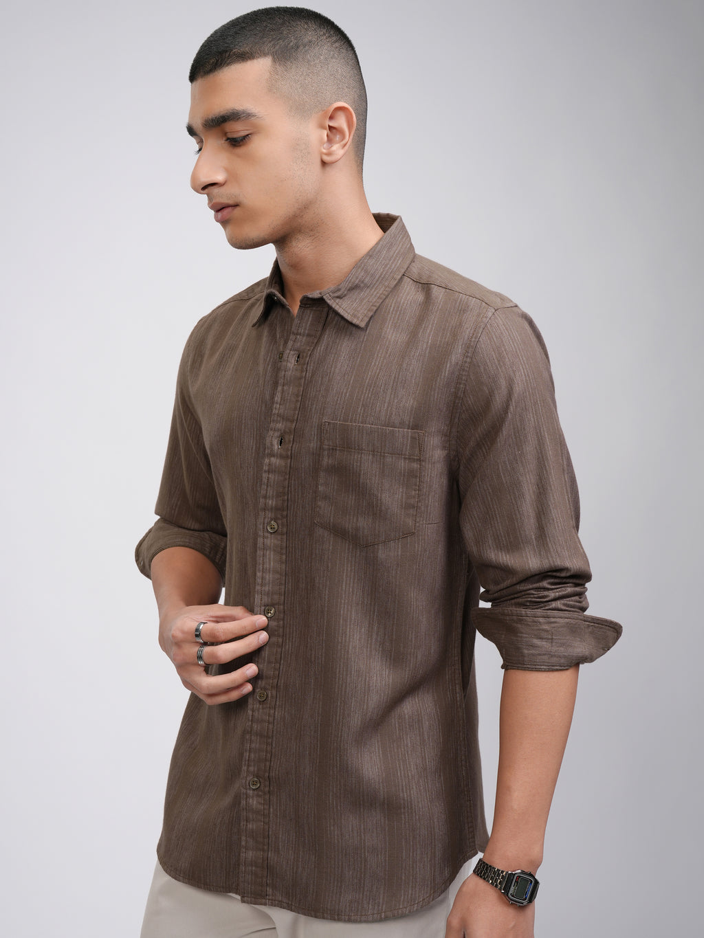 Highlander Men Khaki Striped Slim Fit Casual Shirt - Khaki - Image 4