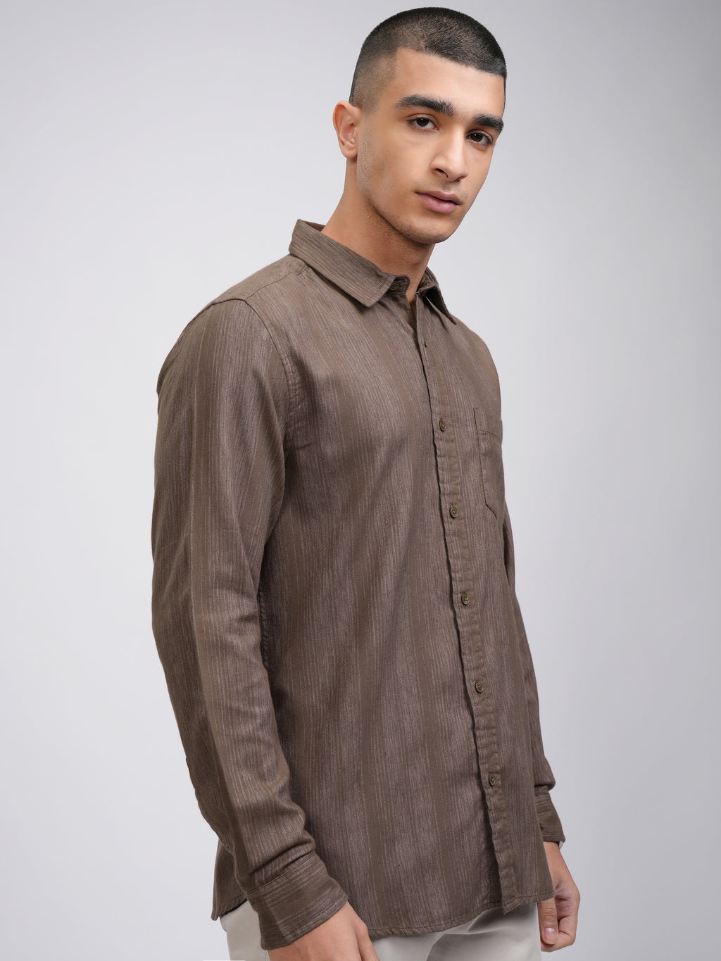 Highlander Men Khaki Striped Slim Fit Casual Shirt - Khaki - Image 6