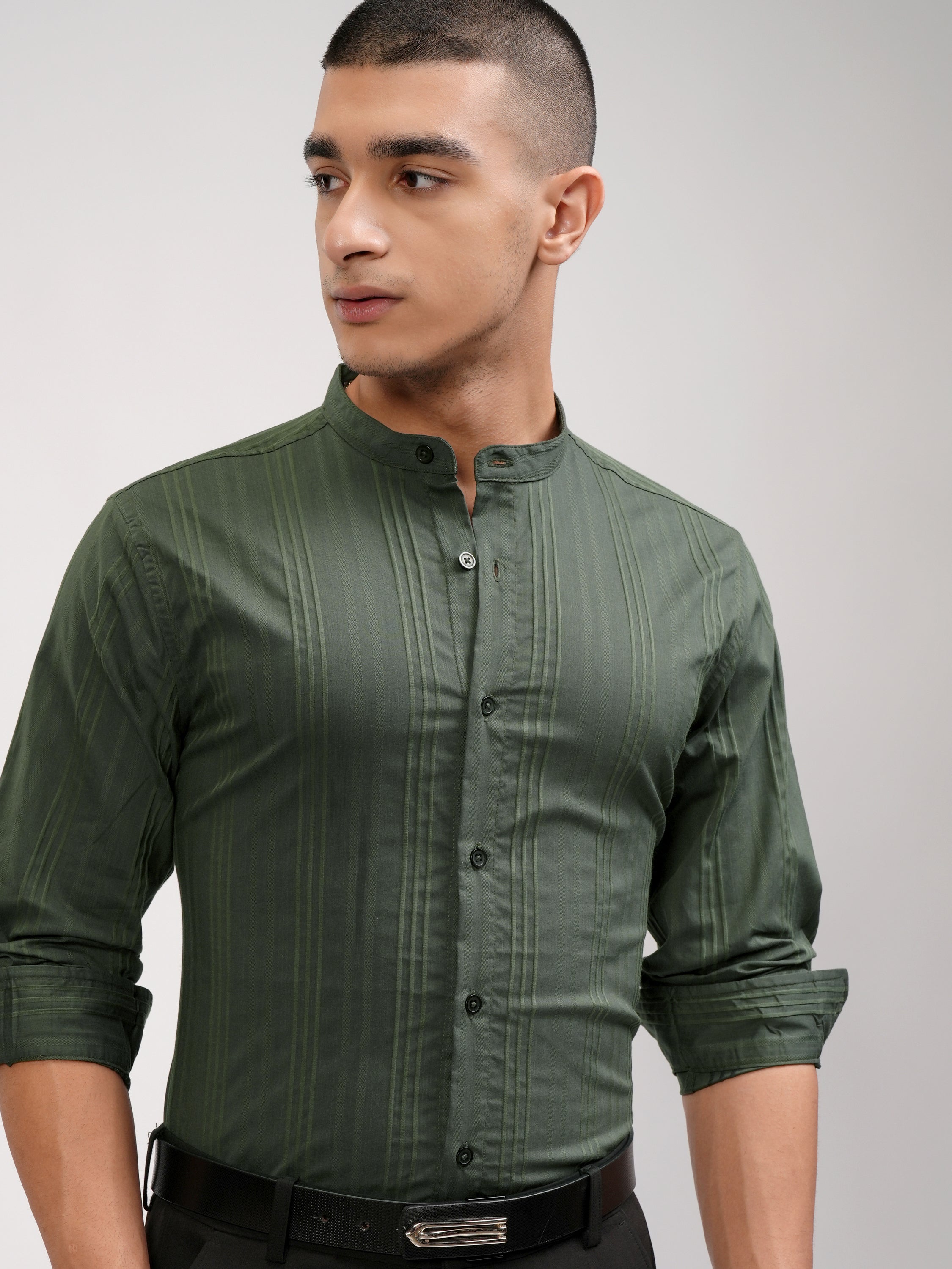 Highlander Men Green Striped Slim Fit Casual Shirt - Green - Image 1