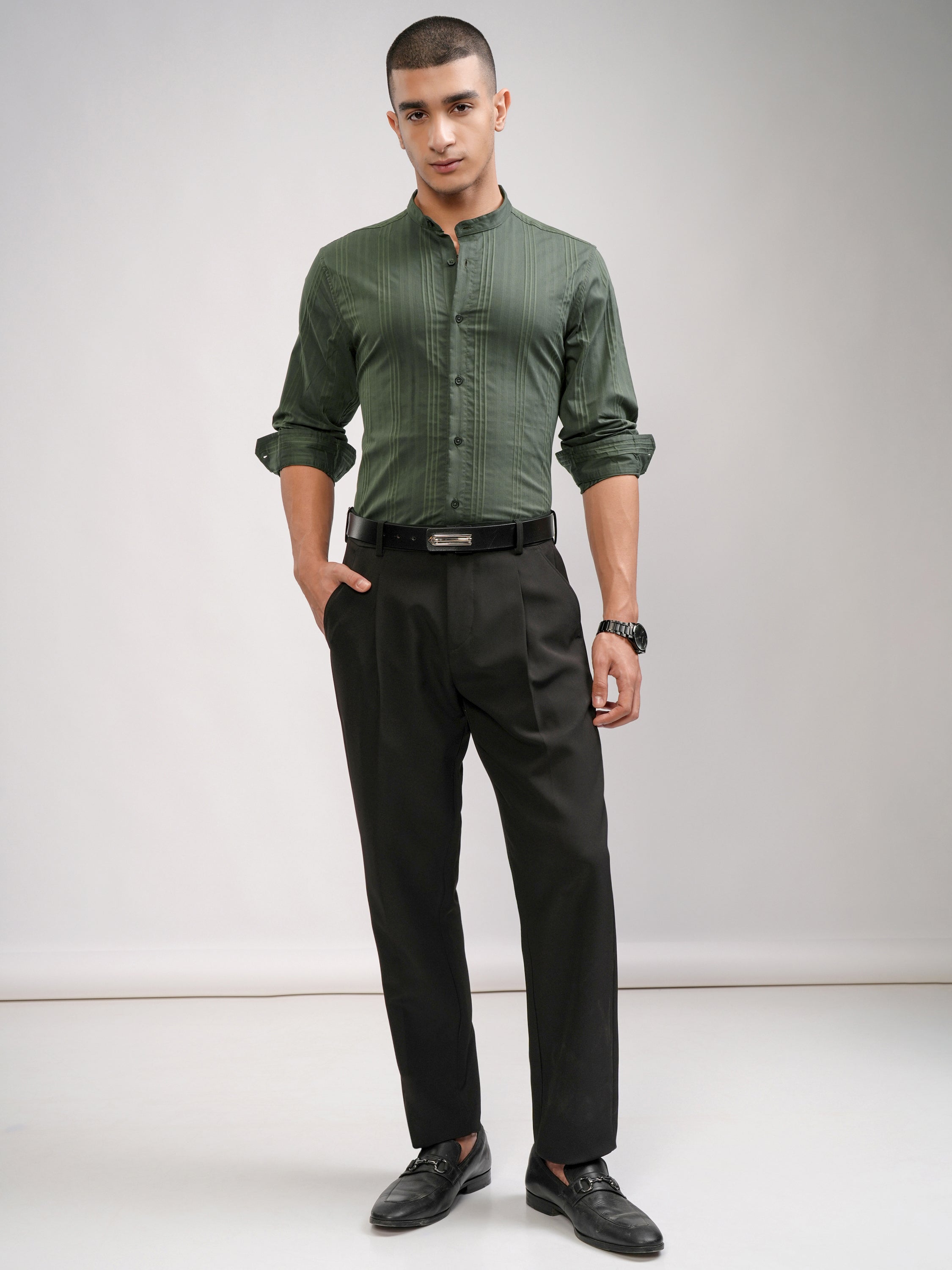 Highlander Men Green Striped Slim Fit Casual Shirt - Green - Image 2