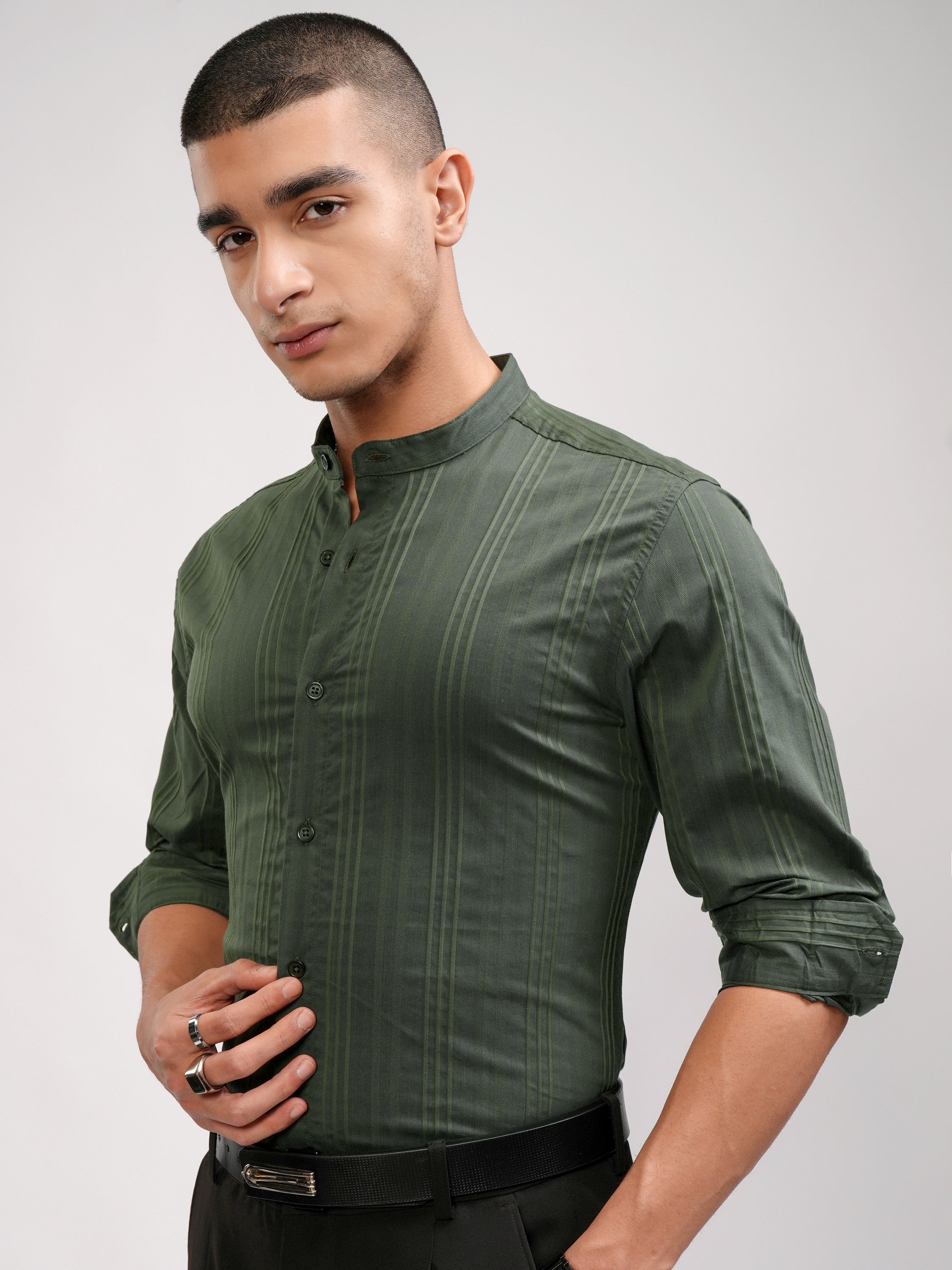 Highlander Men Green Striped Slim Fit Casual Shirt - Green - Image 4