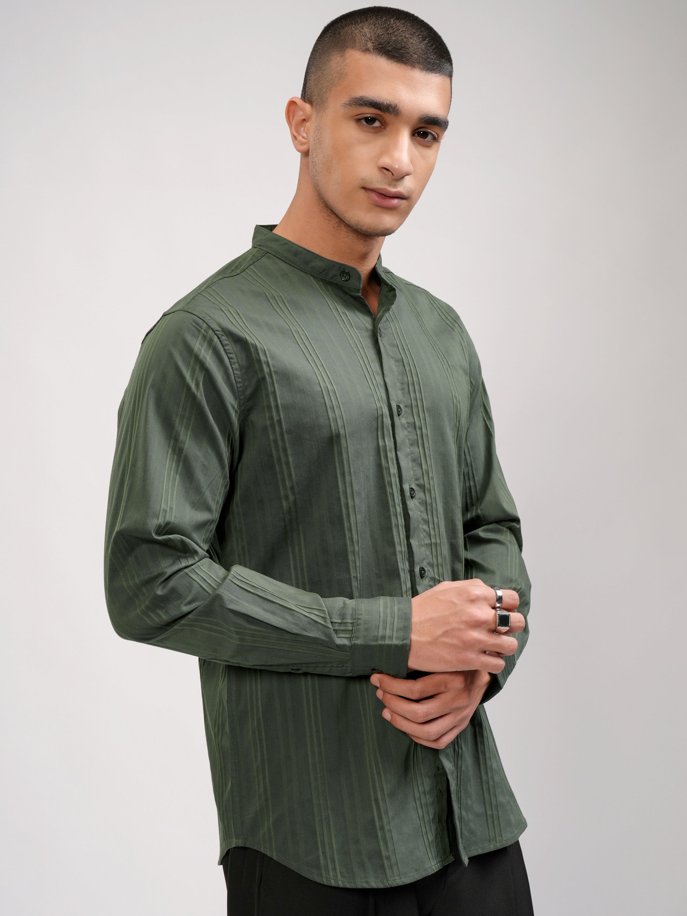 Highlander Men Green Striped Slim Fit Casual Shirt - Green - Image 6