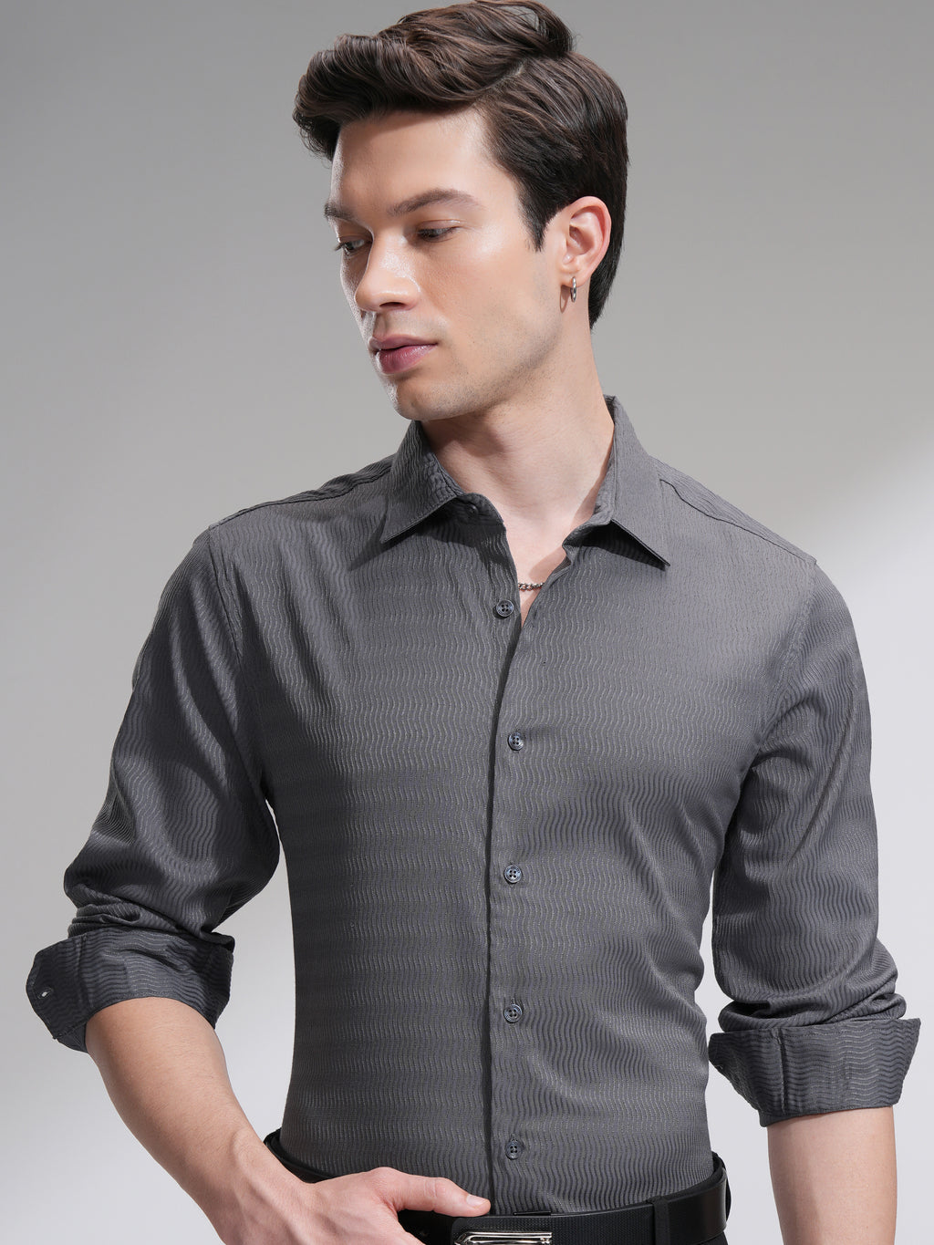 Highlander Men Grey Self Design Slim Fit Casual Shirt - Grey - Image 1