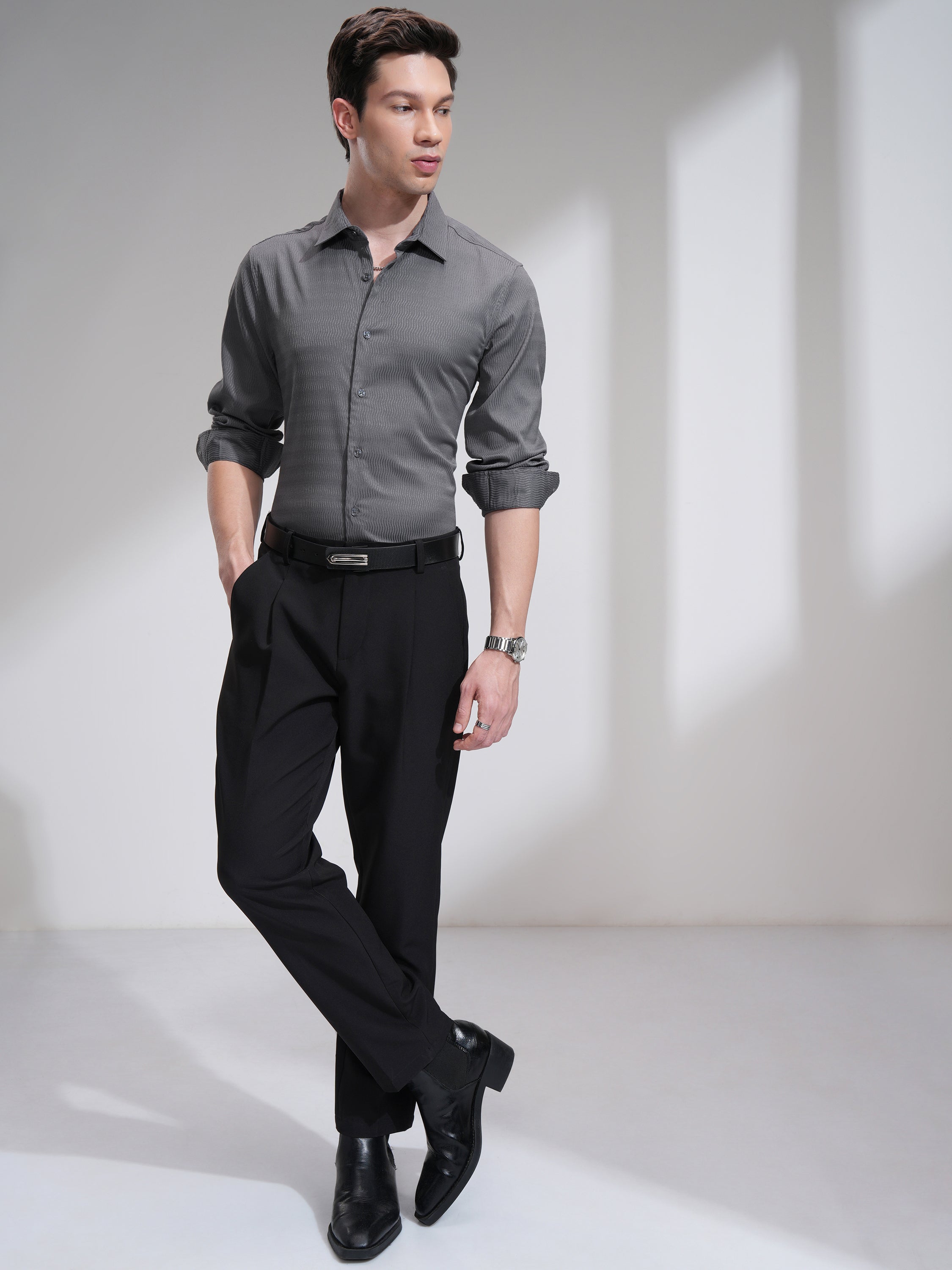 Highlander Men Grey Self Design Slim Fit Casual Shirt - Grey - Image 2