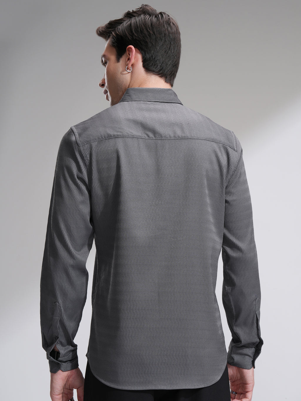 Highlander Men Grey Self Design Slim Fit Casual Shirt - Grey - Image 3