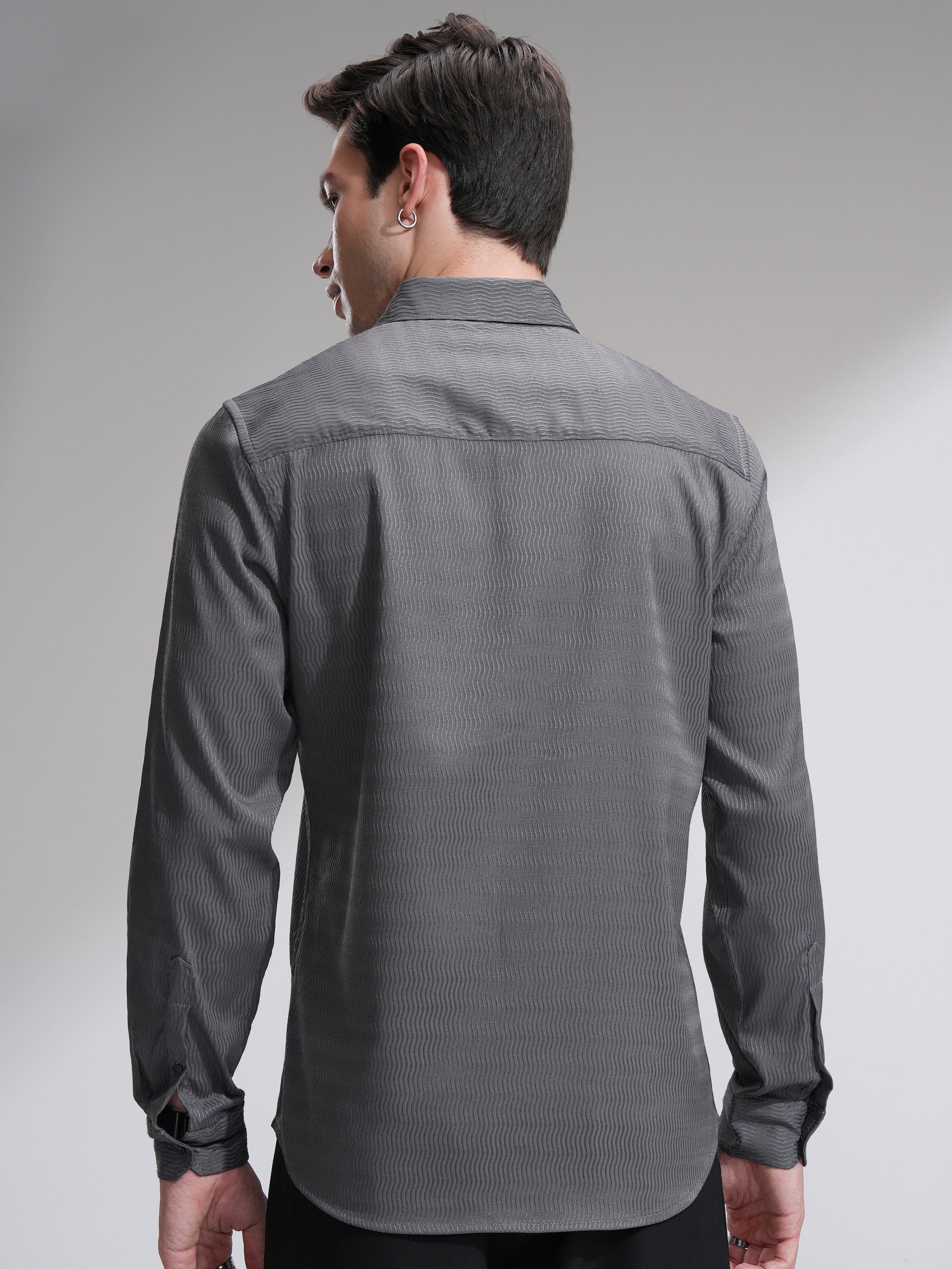 Highlander Men Grey Self Design Slim Fit Casual Shirt - Grey - Image 3
