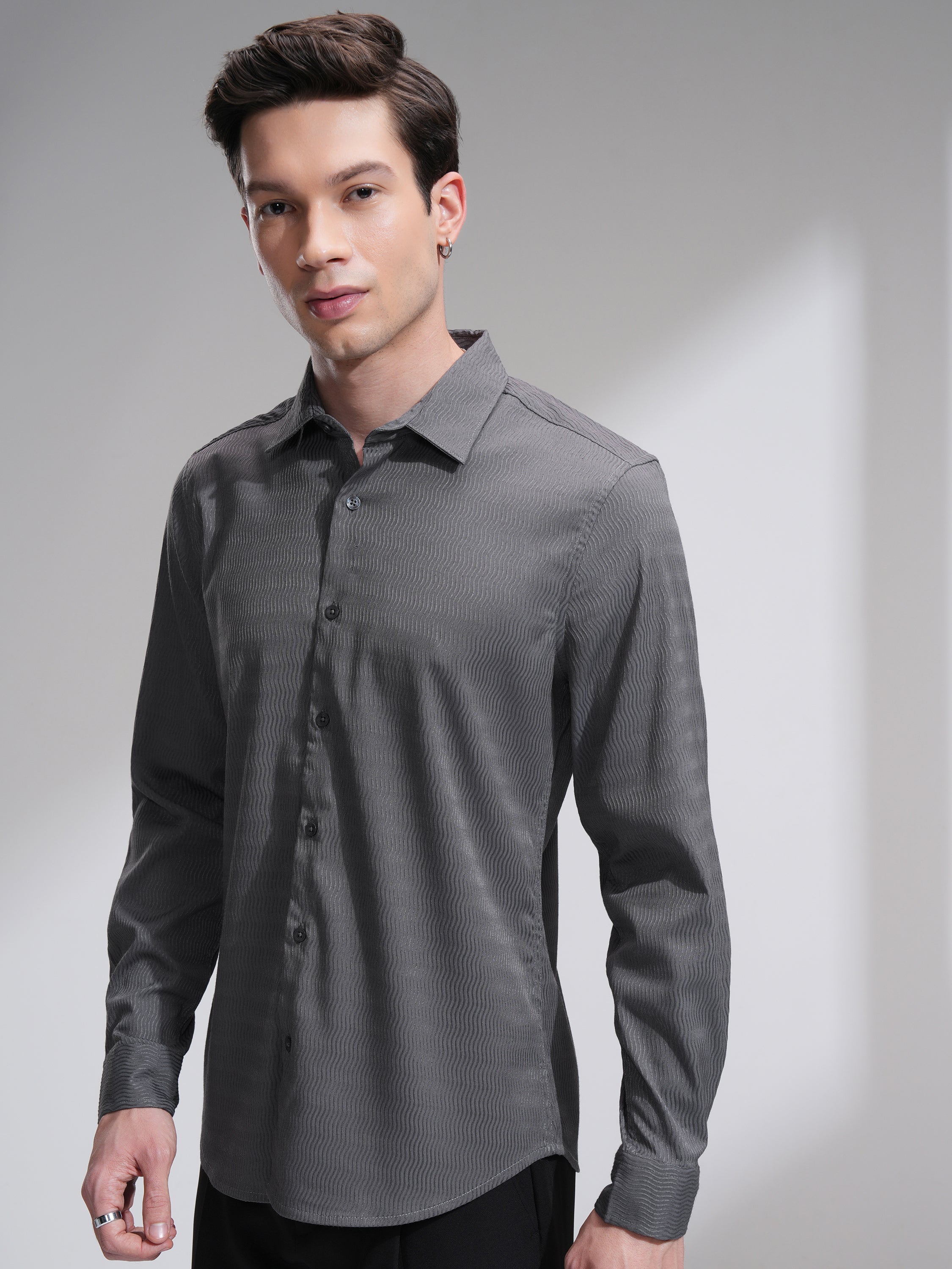 Highlander Men Grey Self Design Slim Fit Casual Shirt - Grey - Image 4