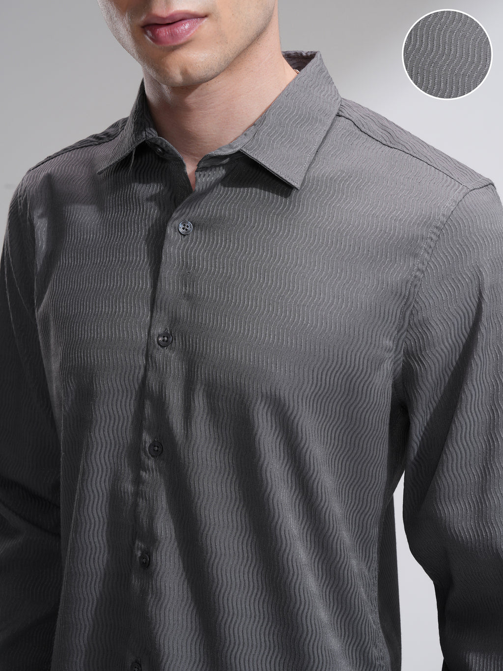 Highlander Men Grey Self Design Slim Fit Casual Shirt - Grey - Image 5