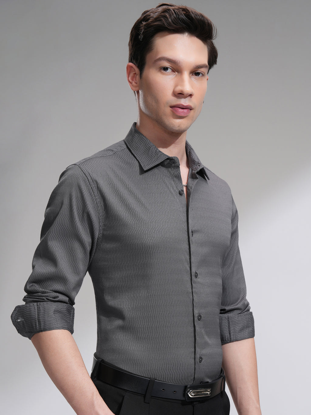 Highlander Men Grey Self Design Slim Fit Casual Shirt - Grey - Image 6