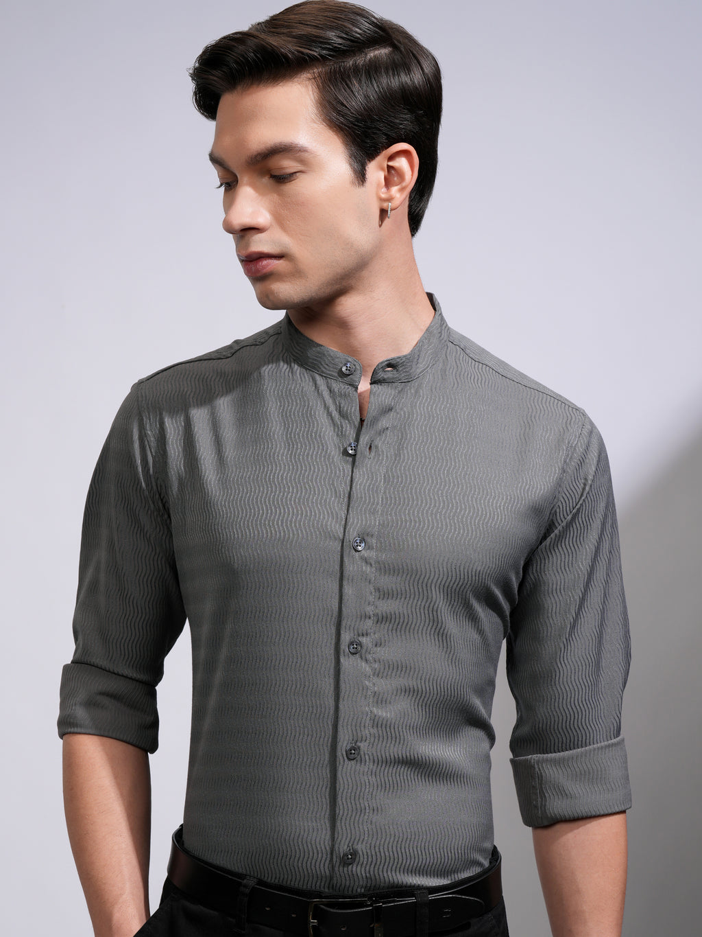 Highlander Men Grey Self Design Slim Fit Casual Shirt - Grey - Image 1
