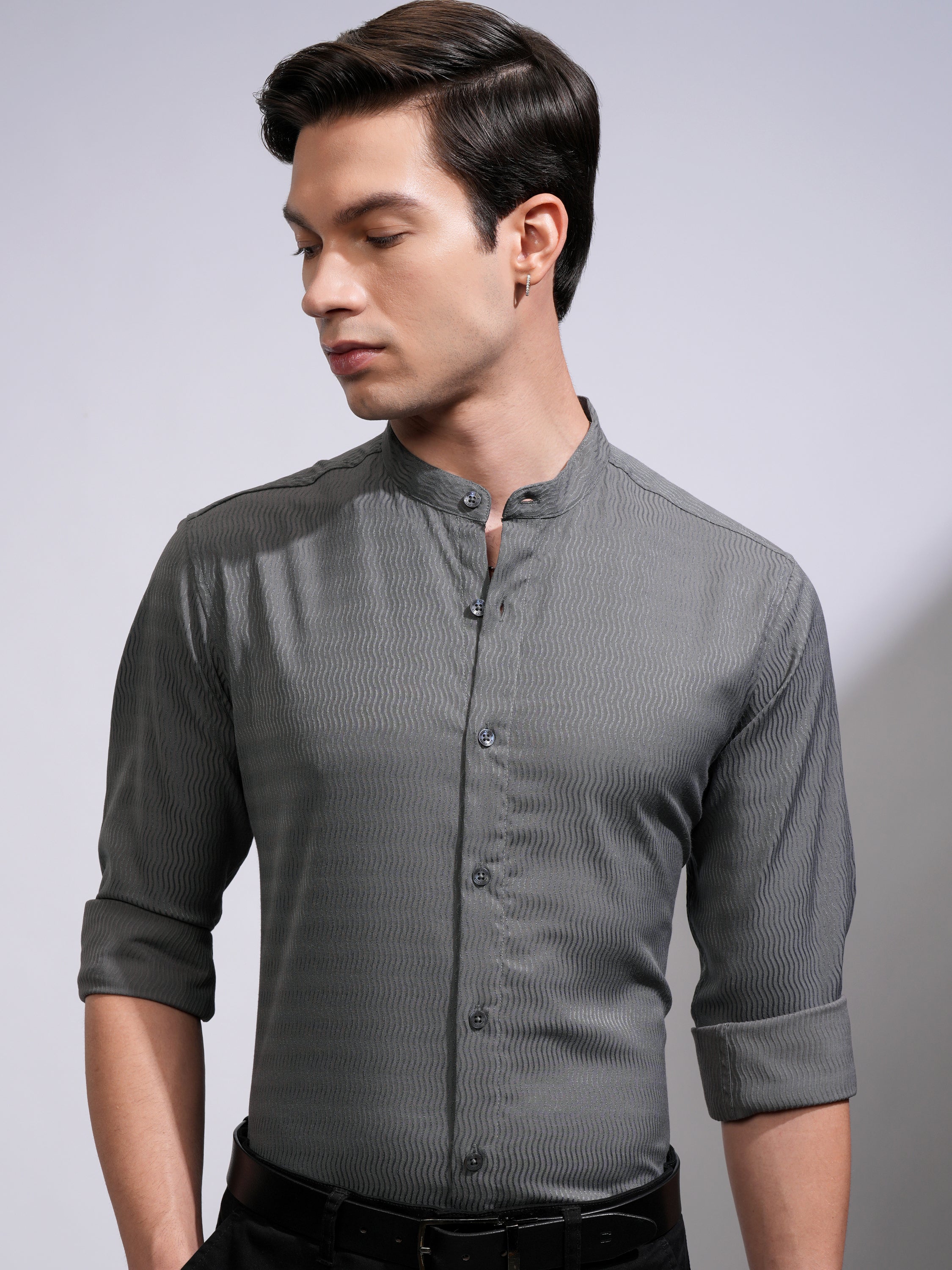 Highlander Men Grey Self Design Slim Fit Casual Shirt - Grey - Image 1