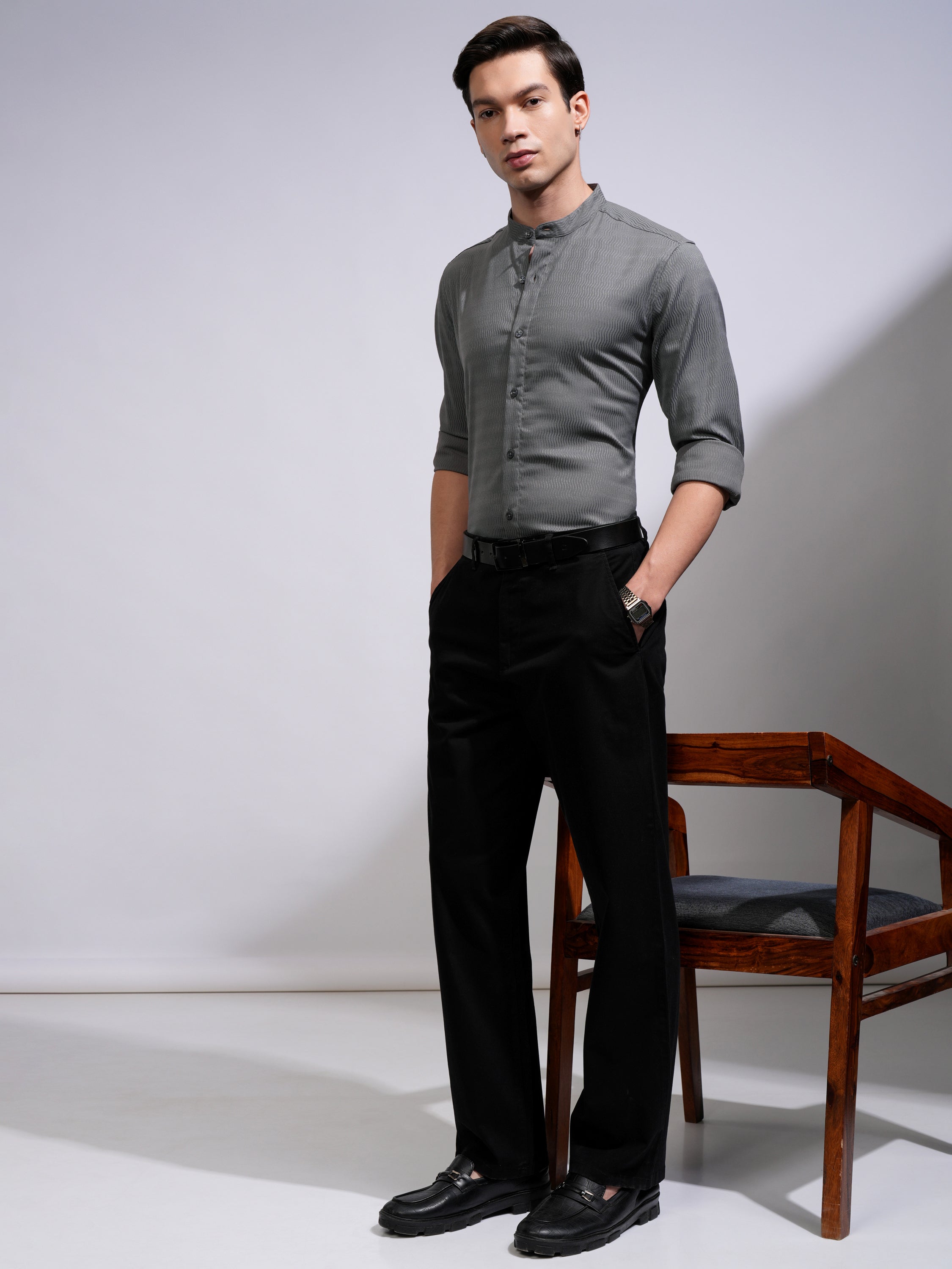 Highlander Men Grey Self Design Slim Fit Casual Shirt - Grey - Image 2