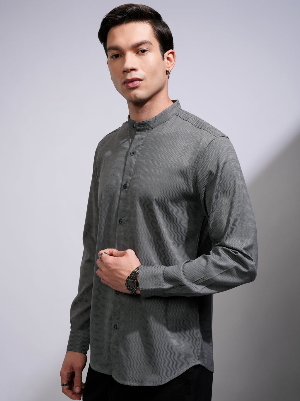 Highlander Men Grey Self Design Slim Fit Casual Shirt - Grey - Image 4