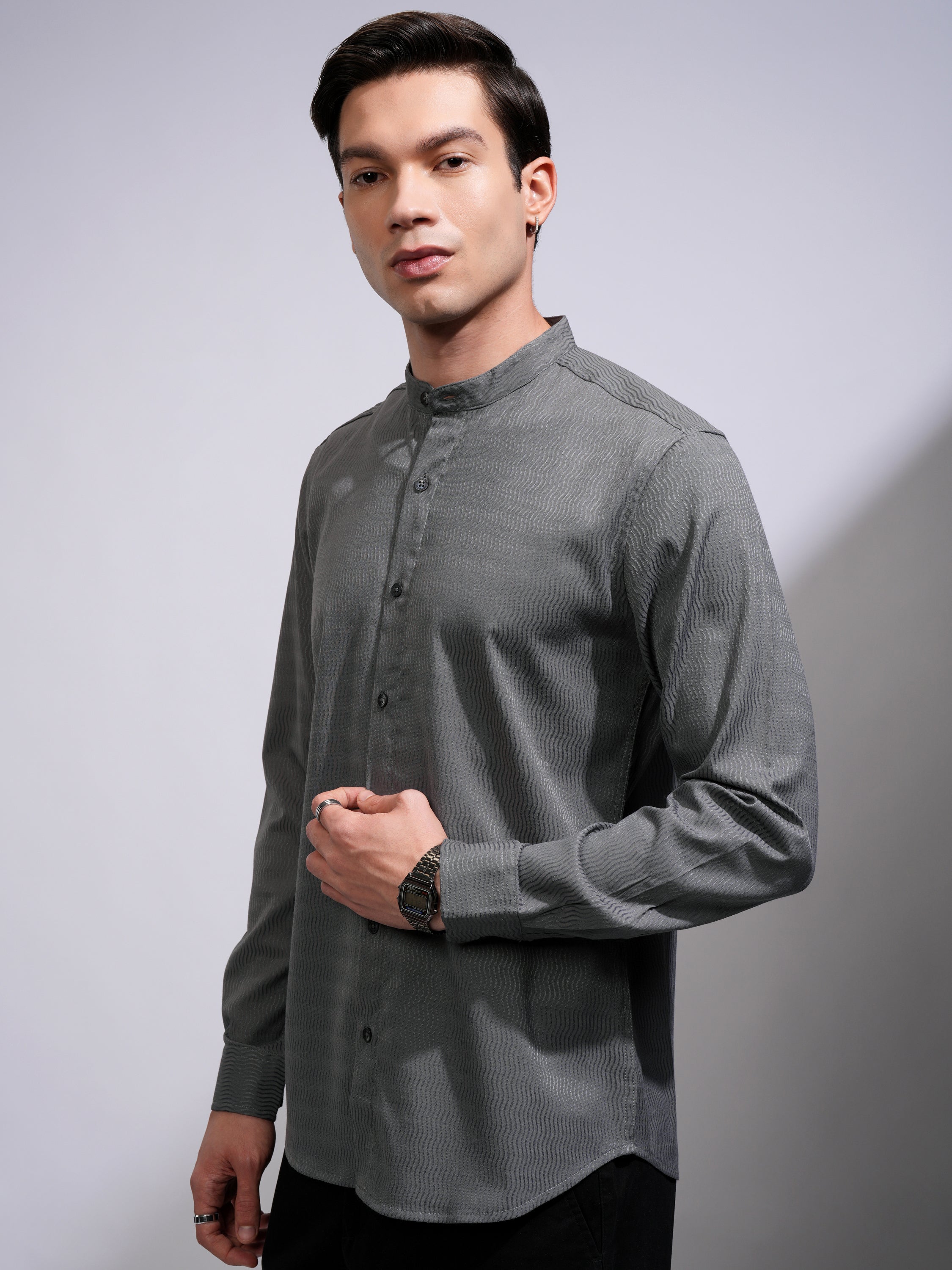 Highlander Men Grey Self Design Slim Fit Casual Shirt - Grey - Image 4
