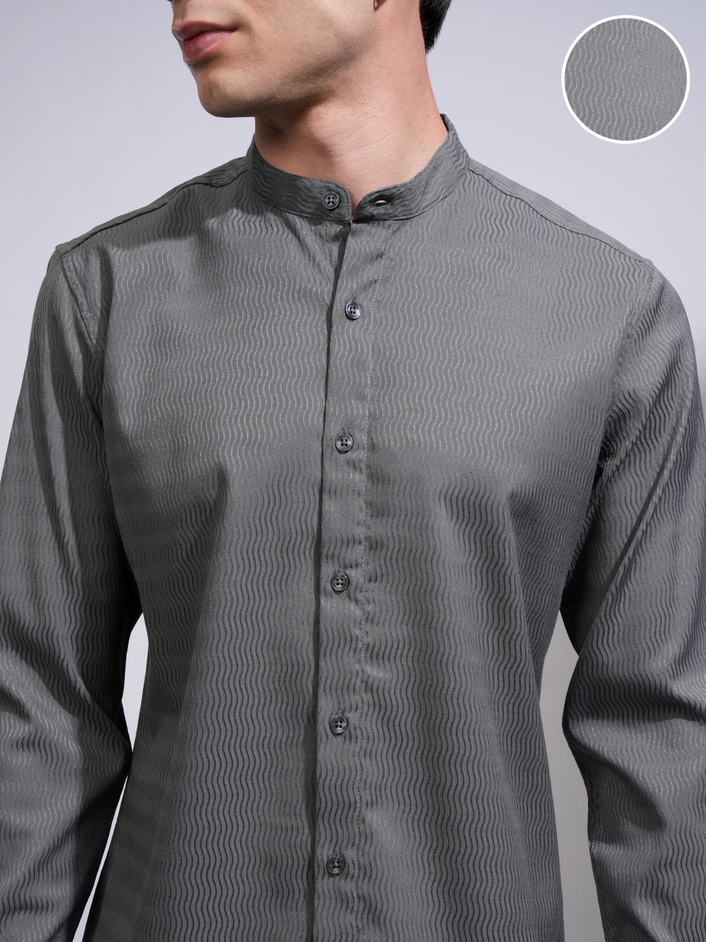 Highlander Men Grey Self Design Slim Fit Casual Shirt - Grey - Image 5