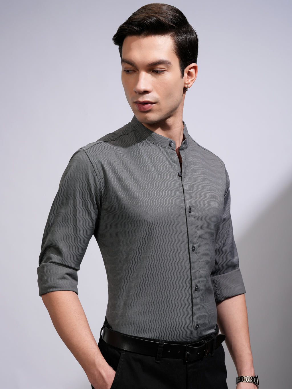 Highlander Men Grey Self Design Slim Fit Casual Shirt - Grey - Image 6