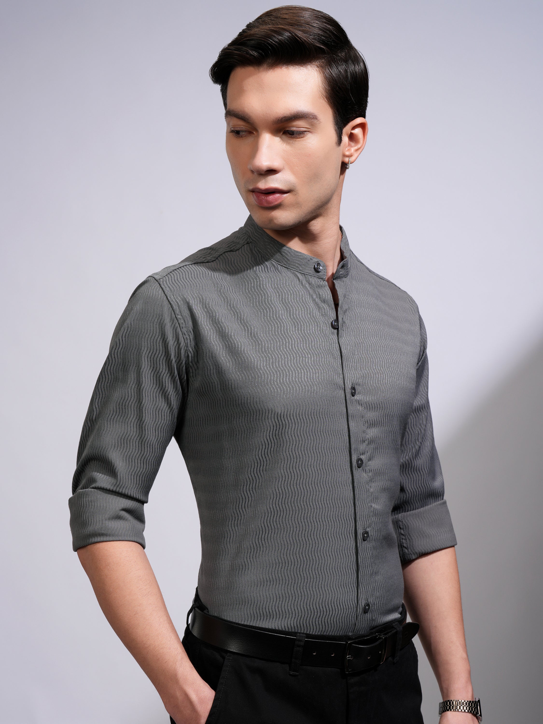 Highlander Men Grey Self Design Slim Fit Casual Shirt - Grey - Image 6