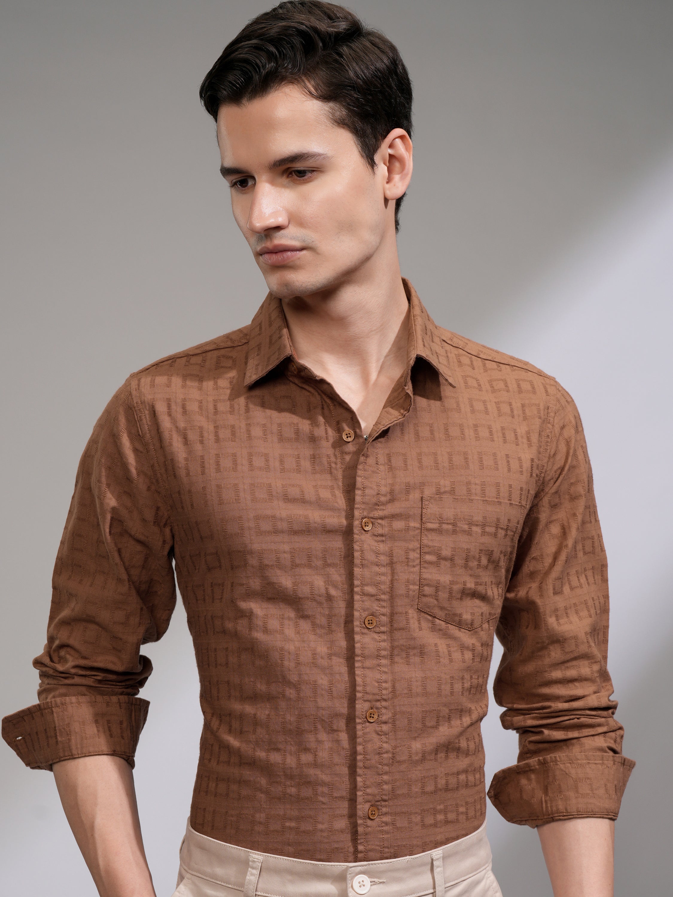 Highlander Men Rust Self Design Slim Fit Casual Shirt - Rust - Image 1