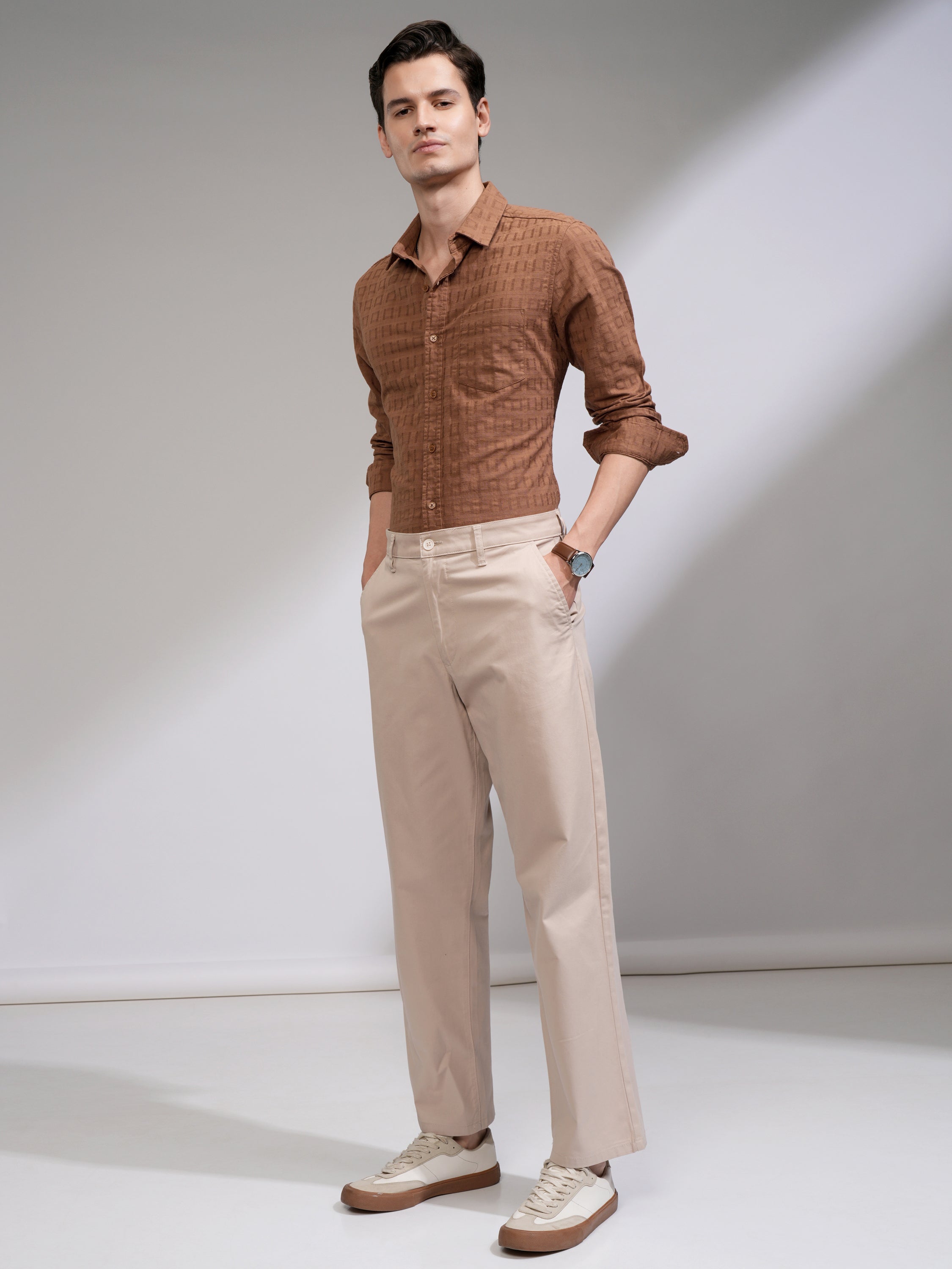 Highlander Men Rust Self Design Slim Fit Casual Shirt - Rust - Image 2
