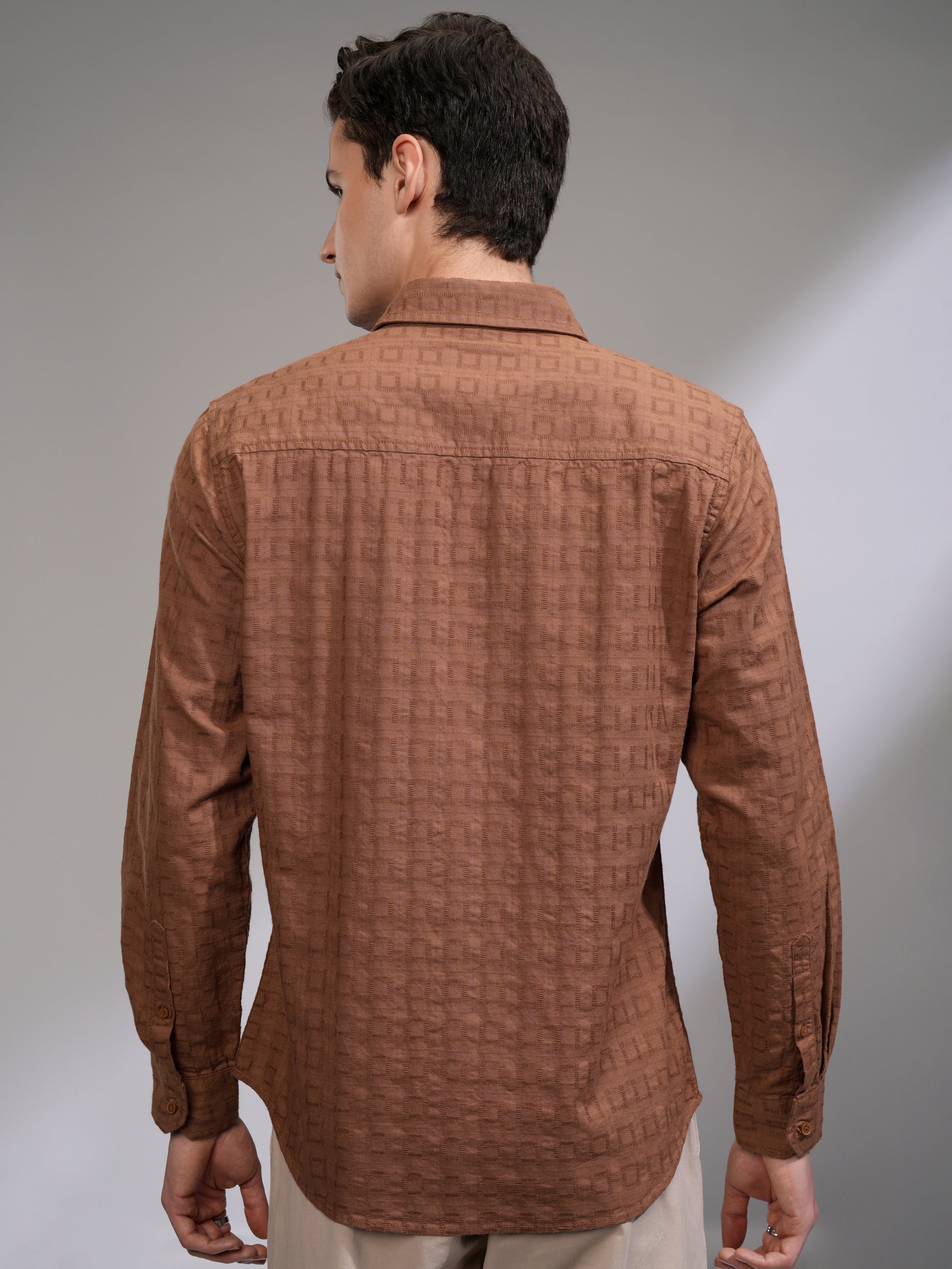 Highlander Men Rust Self Design Slim Fit Casual Shirt - Rust - Image 3