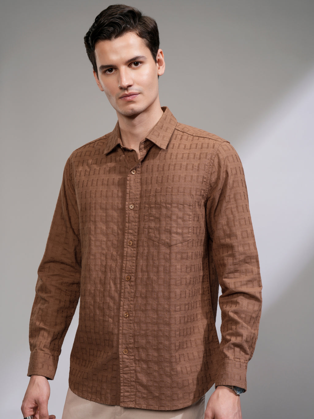 Highlander Men Rust Self Design Slim Fit Casual Shirt - Rust - Image 4