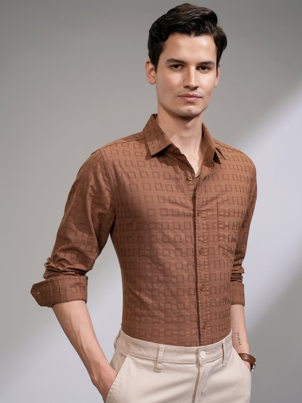 Highlander Men Rust Self Design Slim Fit Casual Shirt - Rust - Image 6