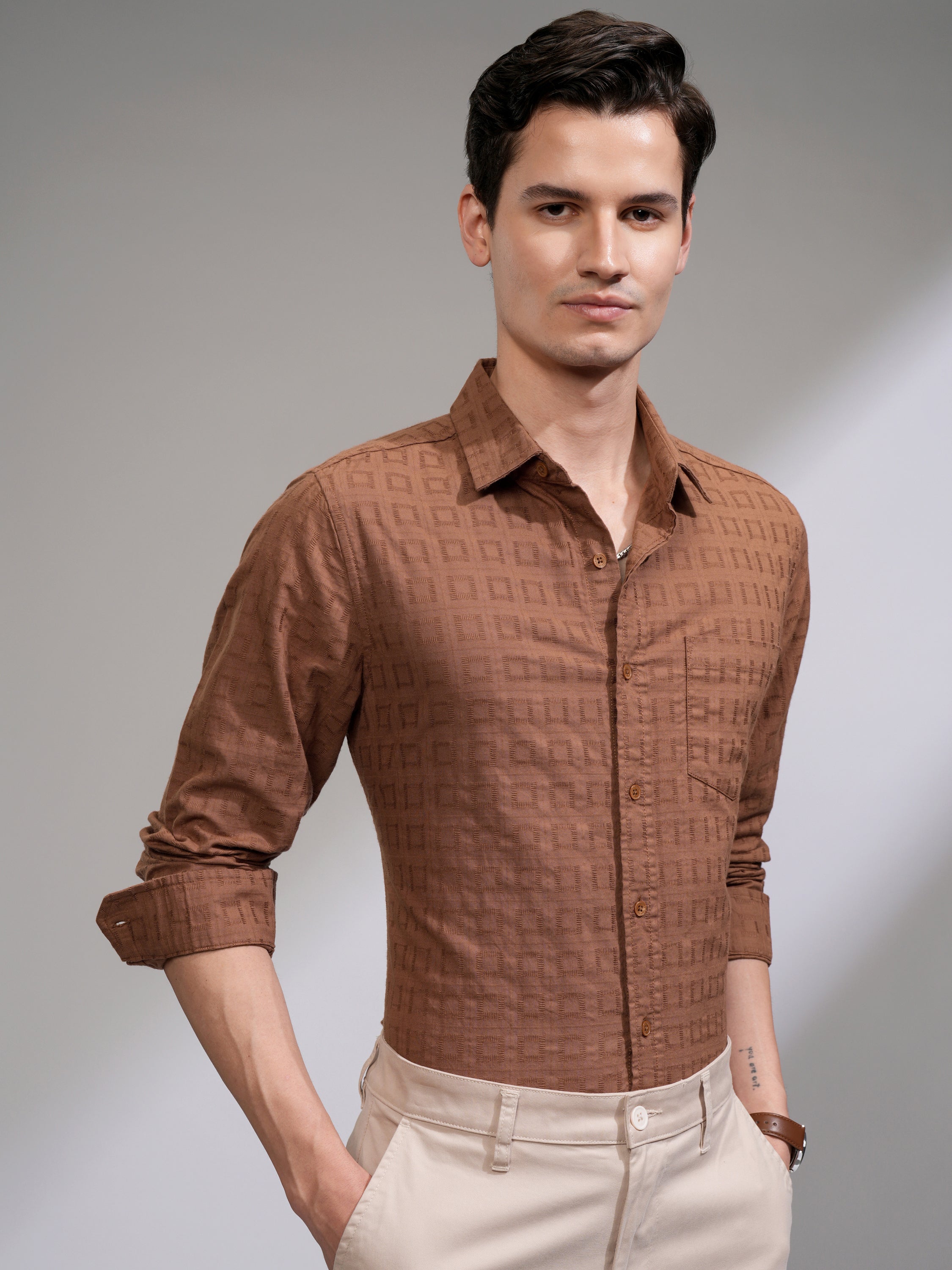 Highlander Men Rust Self Design Slim Fit Casual Shirt - Rust - Image 6