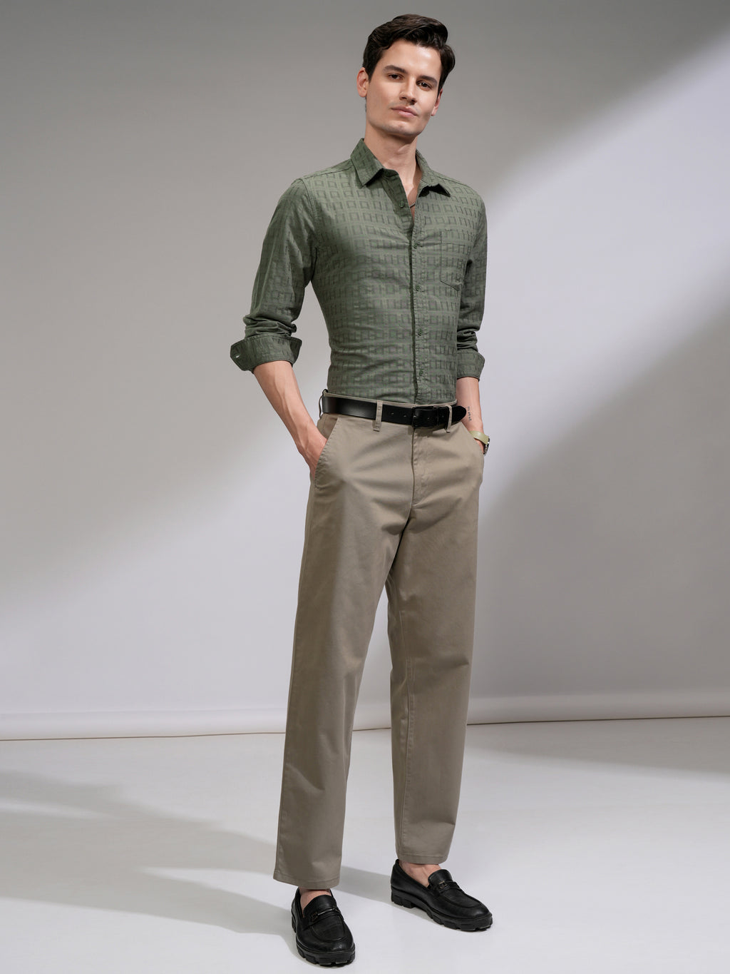 Highlander Men Olive Self Design Slim Fit Casual Shirt - Olive - Image 2