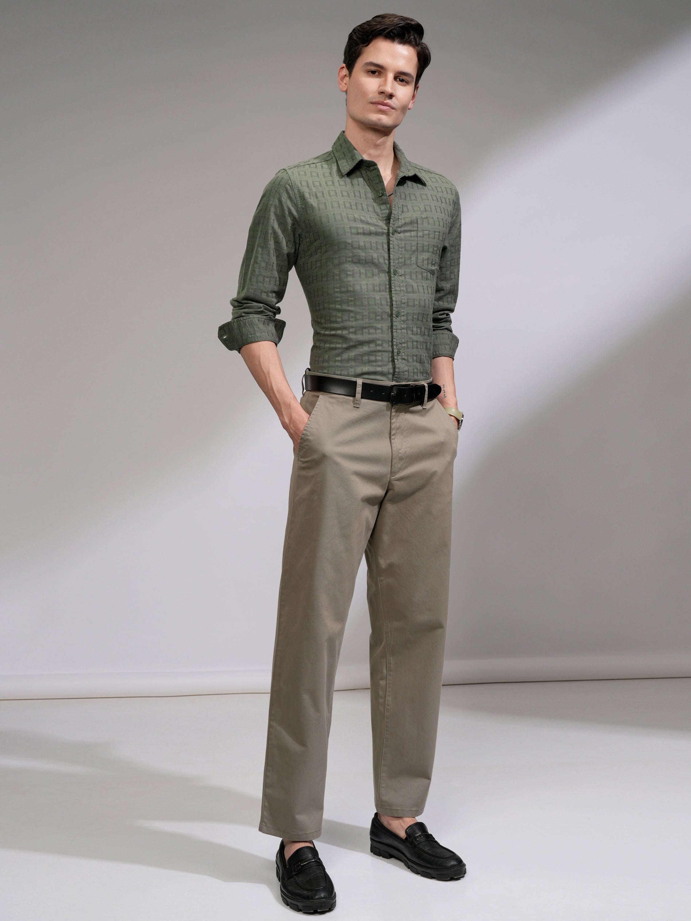 Highlander Men Olive Self Design Slim Fit Casual Shirt - Olive - Image 2