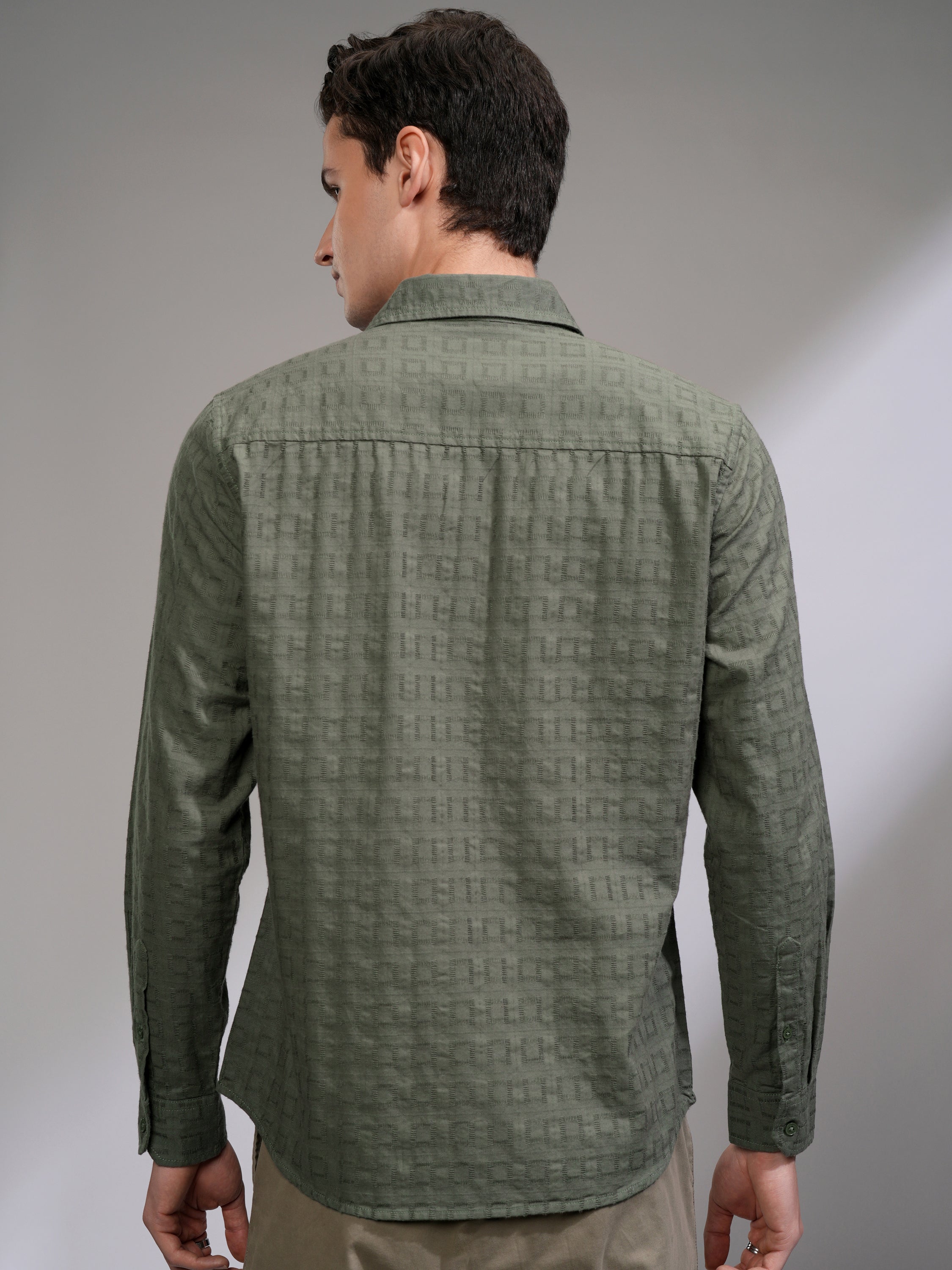 Highlander Men Olive Self Design Slim Fit Casual Shirt - Olive - Image 3