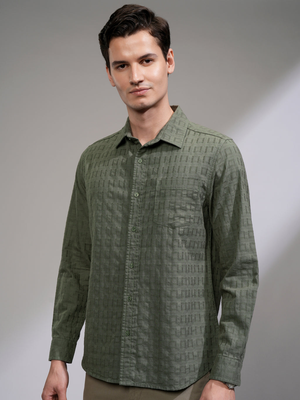 Highlander Men Olive Self Design Slim Fit Casual Shirt - Olive - Image 4