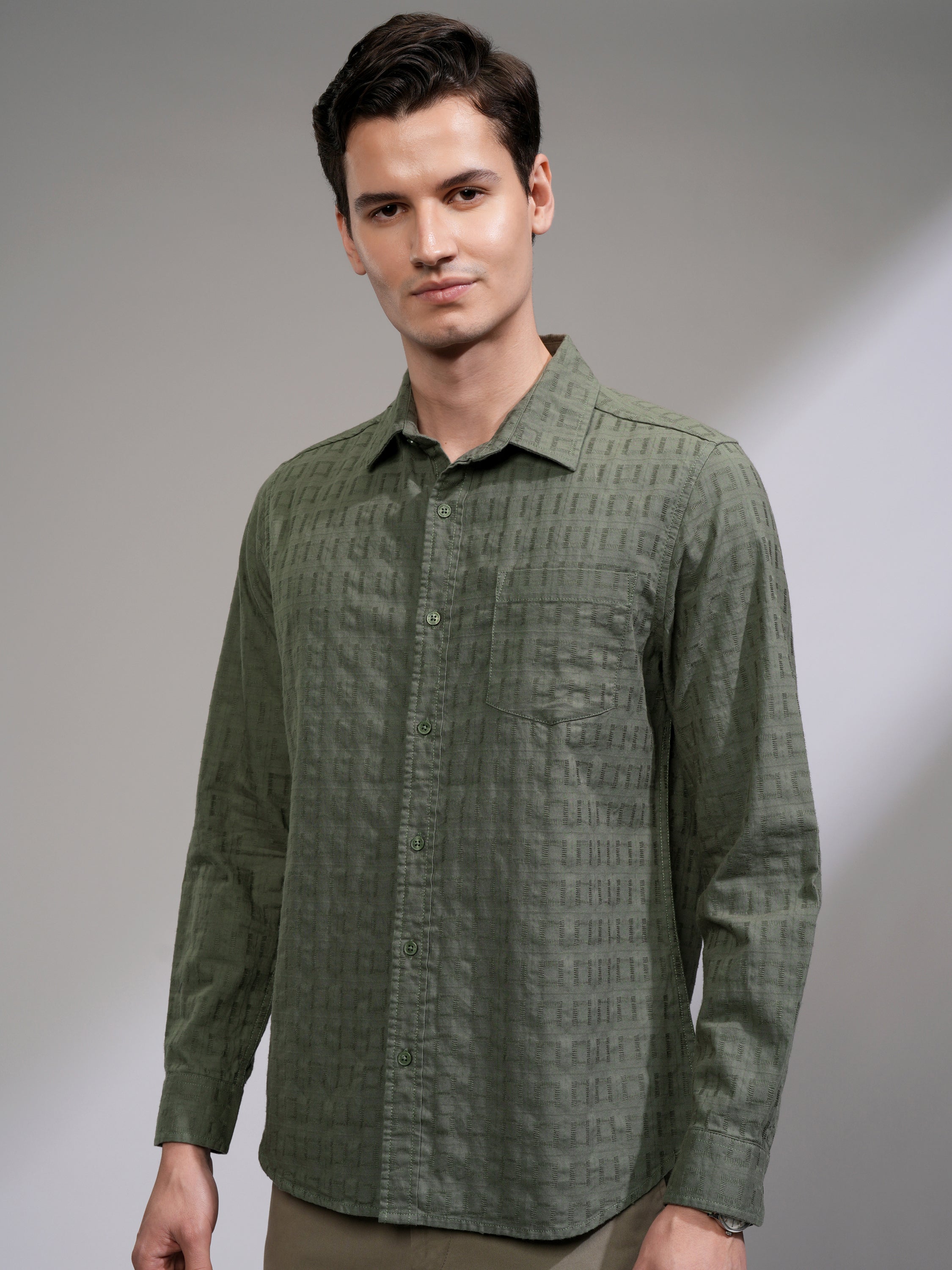 Highlander Men Olive Self Design Slim Fit Casual Shirt - Olive - Image 4