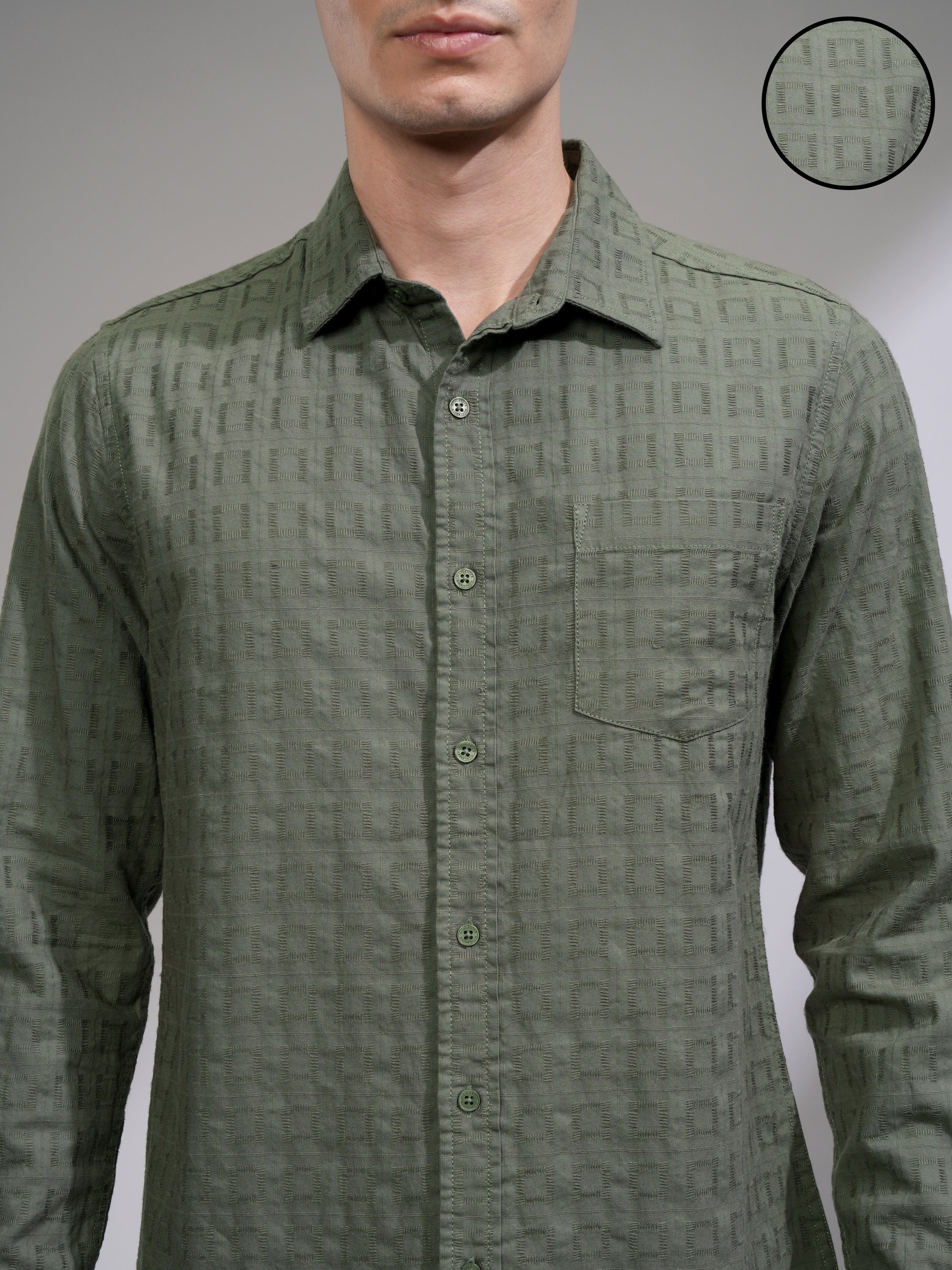 Highlander Men Olive Self Design Slim Fit Casual Shirt - Olive - Image 5