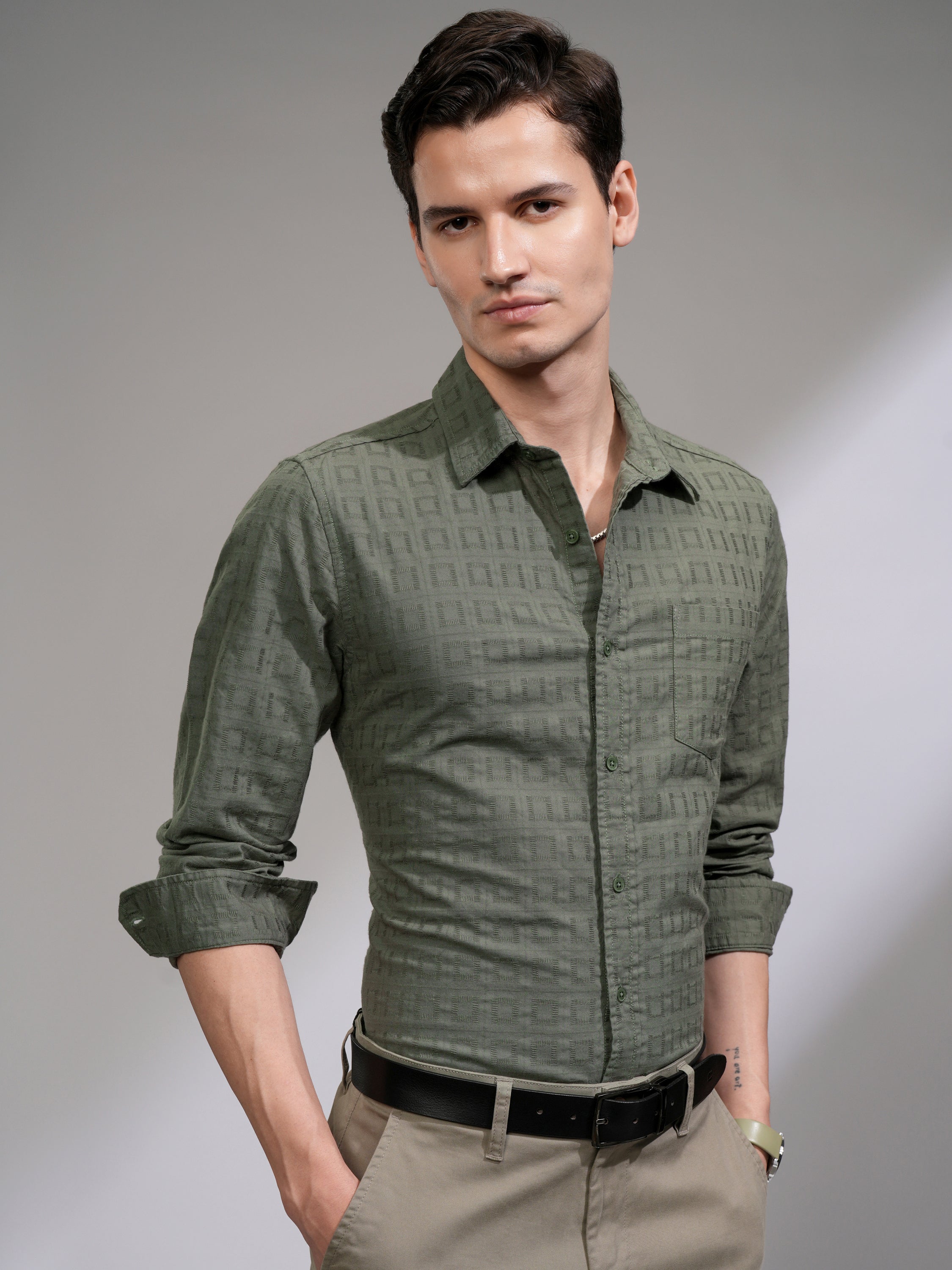 Highlander Men Olive Self Design Slim Fit Casual Shirt - Olive - Image 6