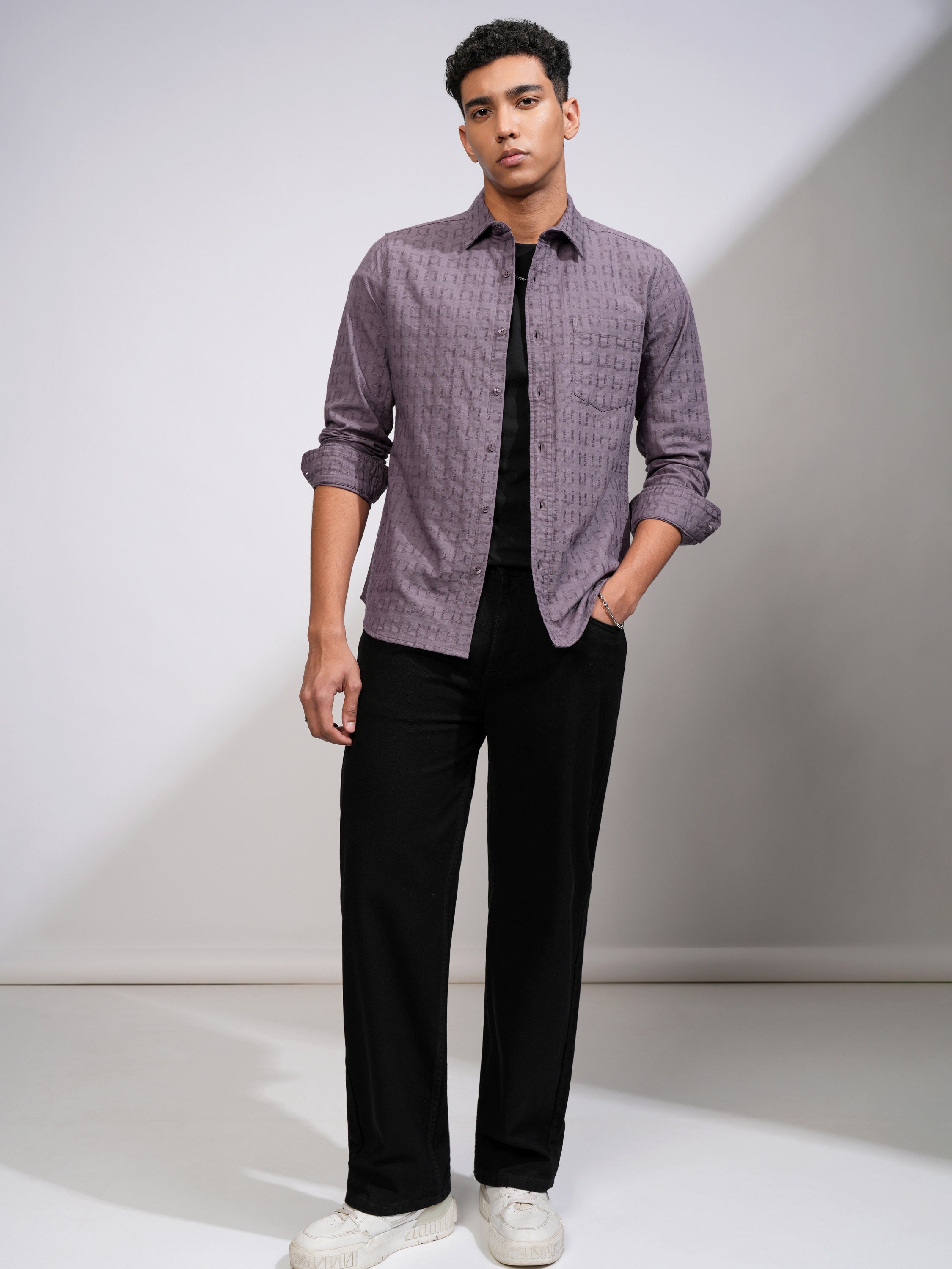 Highlander Men Lavender Self Design Slim Fit Casual Shirt - Lavender - Image 2