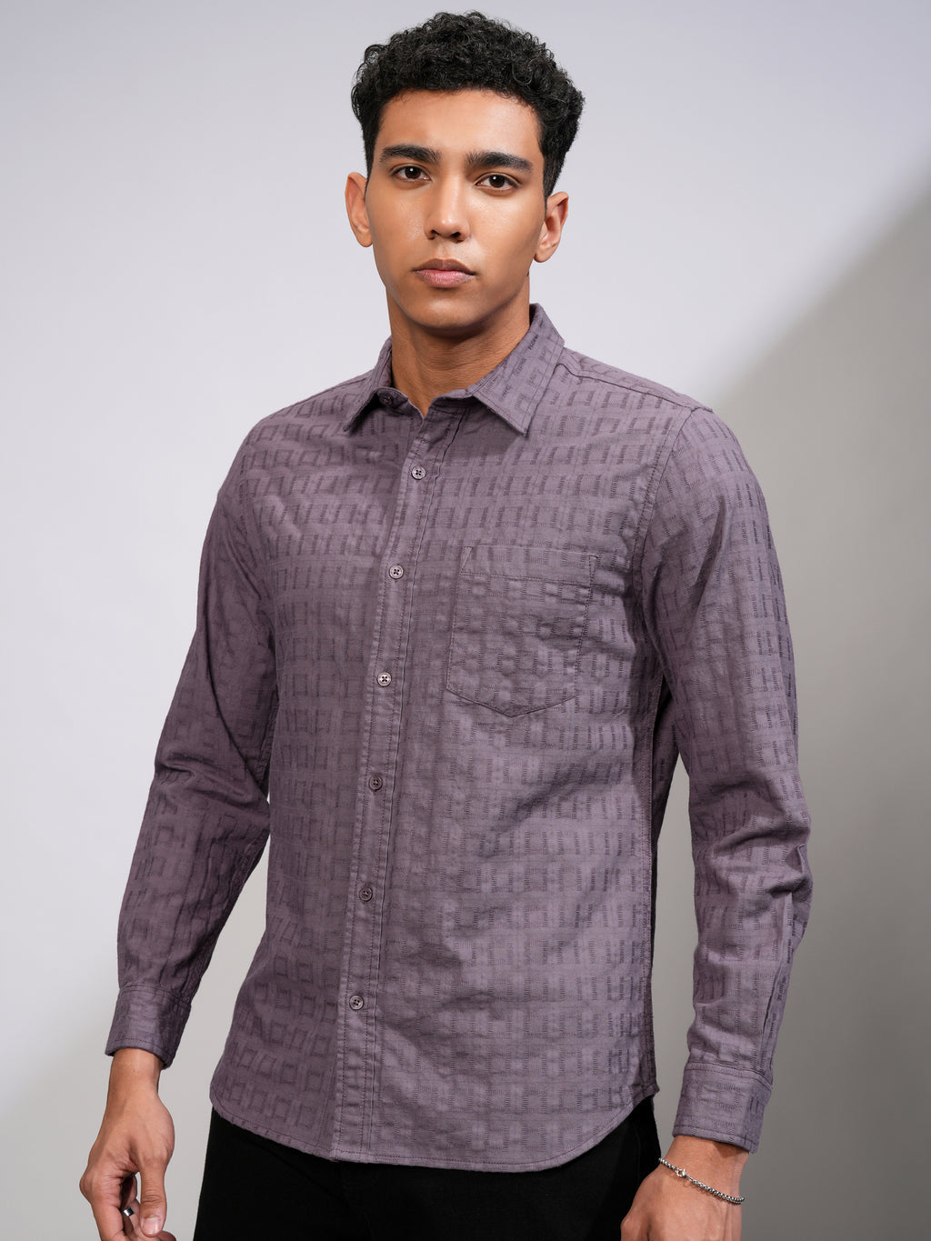 Highlander Men Lavender Self Design Slim Fit Casual Shirt - Lavender - Image 4