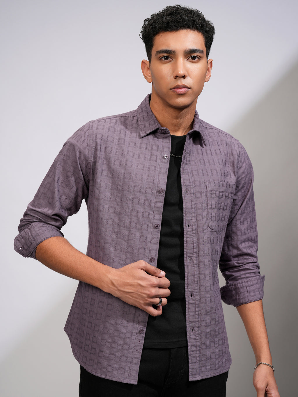 Highlander Men Lavender Self Design Slim Fit Casual Shirt - Lavender - Image 6