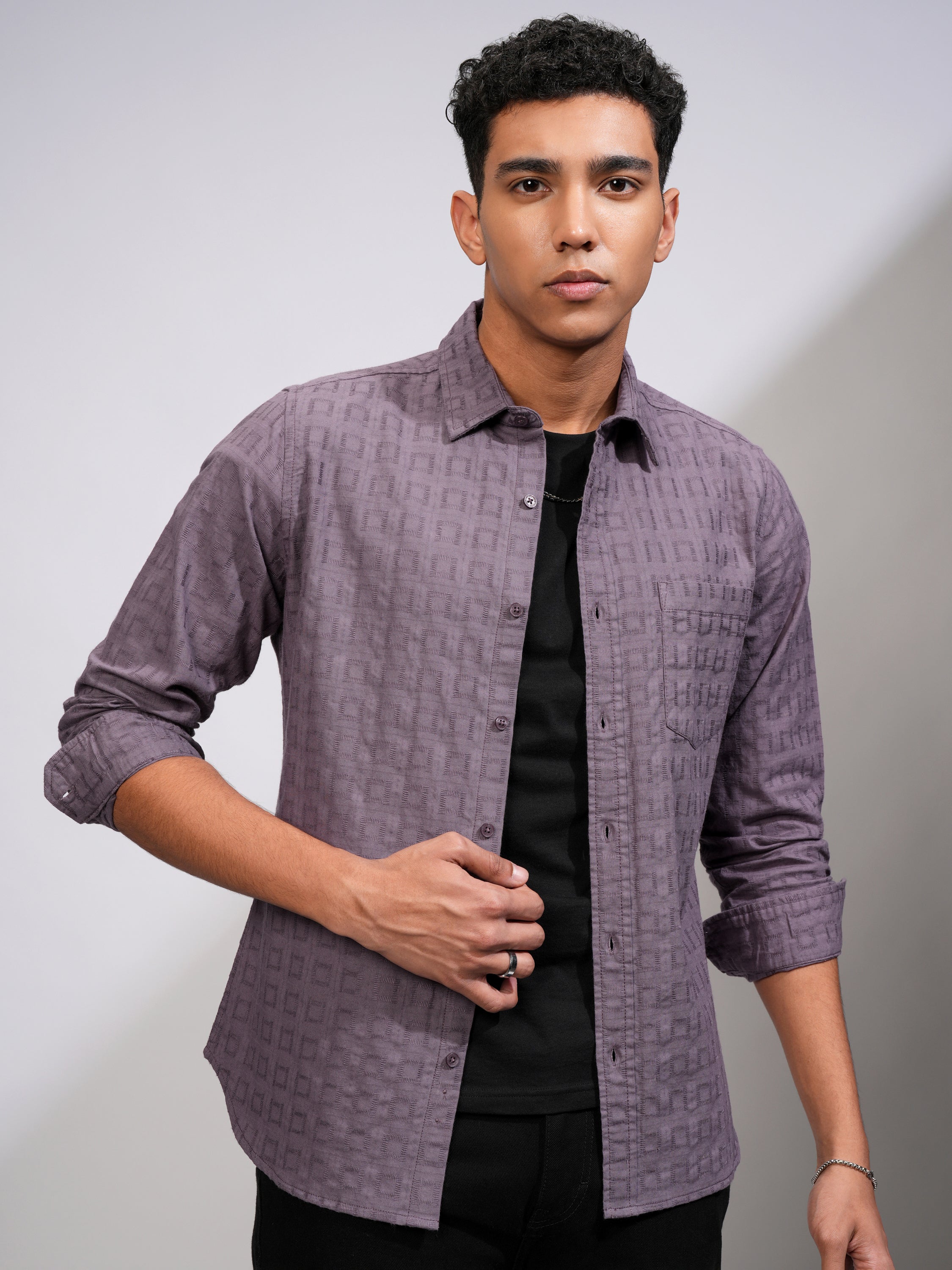 Highlander Men Lavender Self Design Slim Fit Casual Shirt - Lavender - Image 6