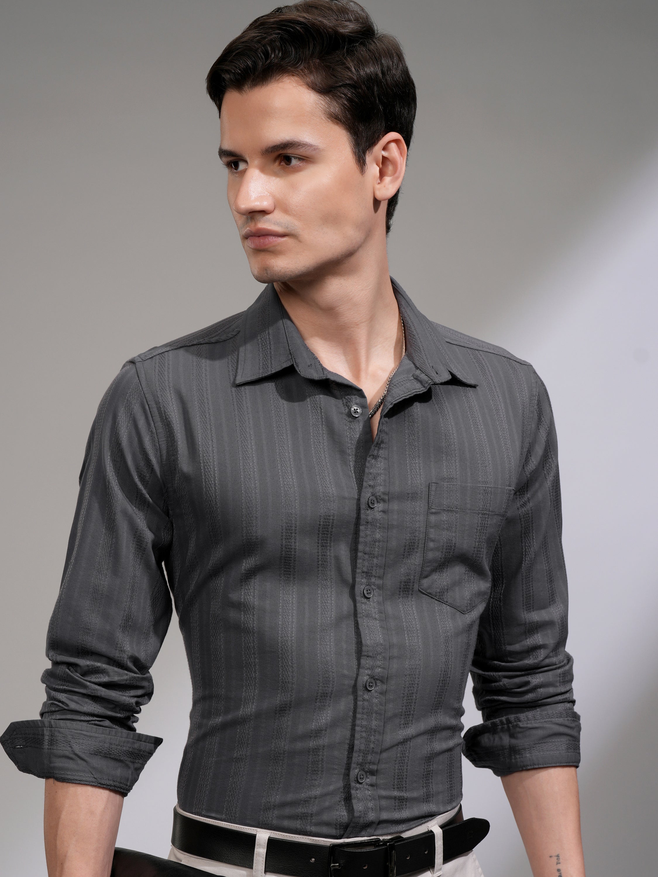 Highlander Men Grey Striped Slim Fit Casual Shirt - Grey - Image 1