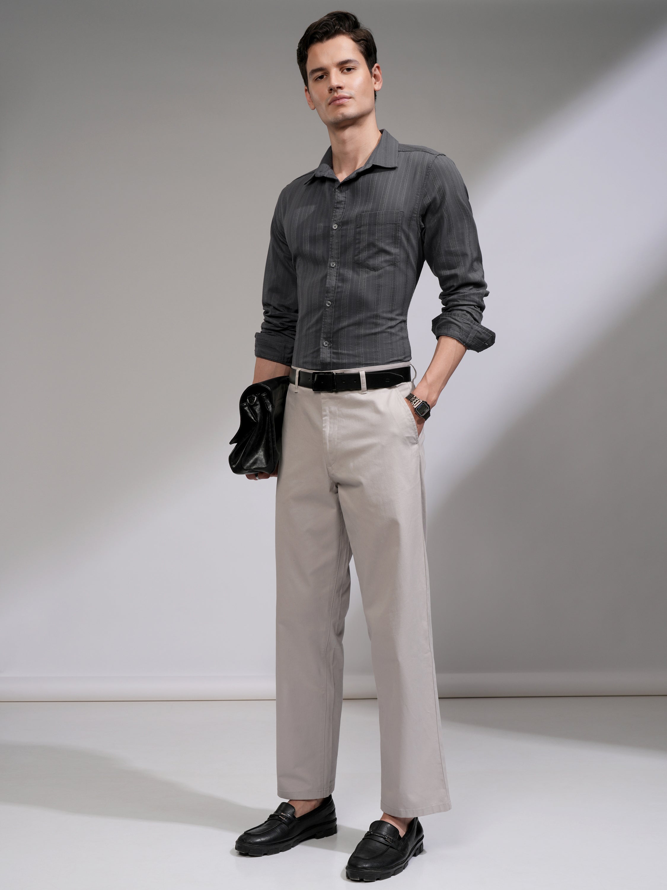 Highlander Men Grey Striped Slim Fit Casual Shirt - Grey - Image 2