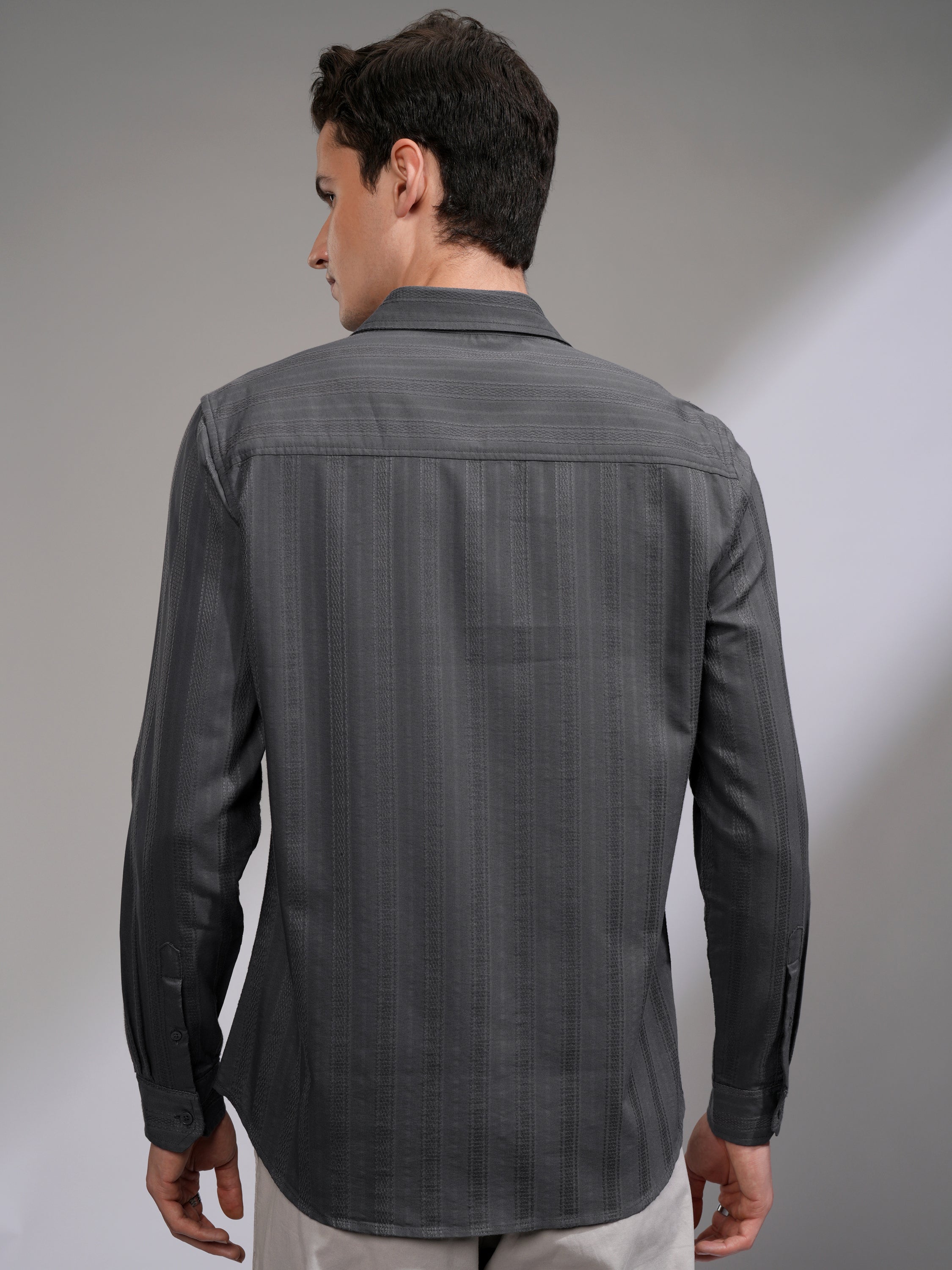 Highlander Men Grey Striped Slim Fit Casual Shirt - Grey - Image 3