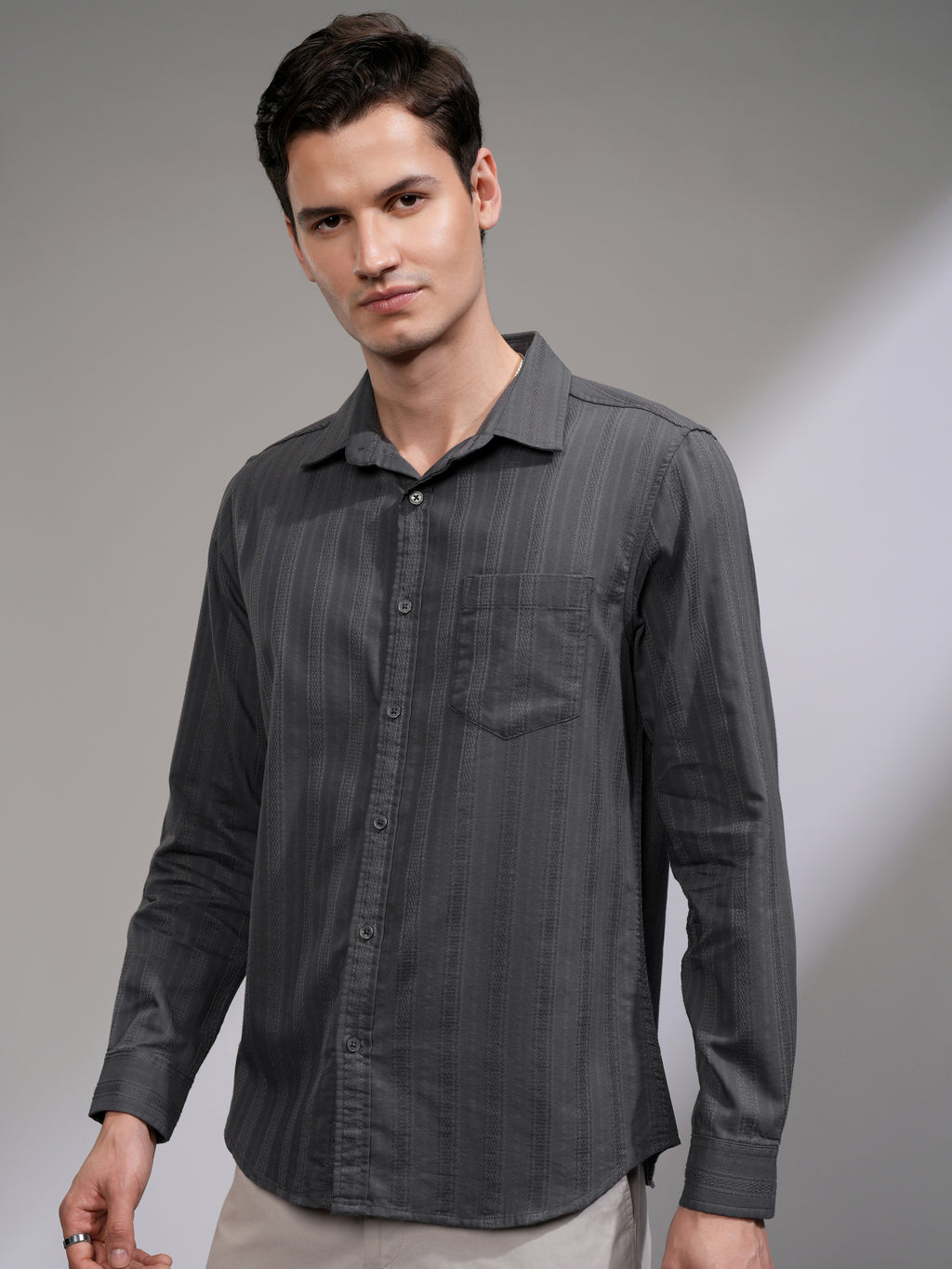 Highlander Men Grey Striped Slim Fit Casual Shirt - Grey - Image 4