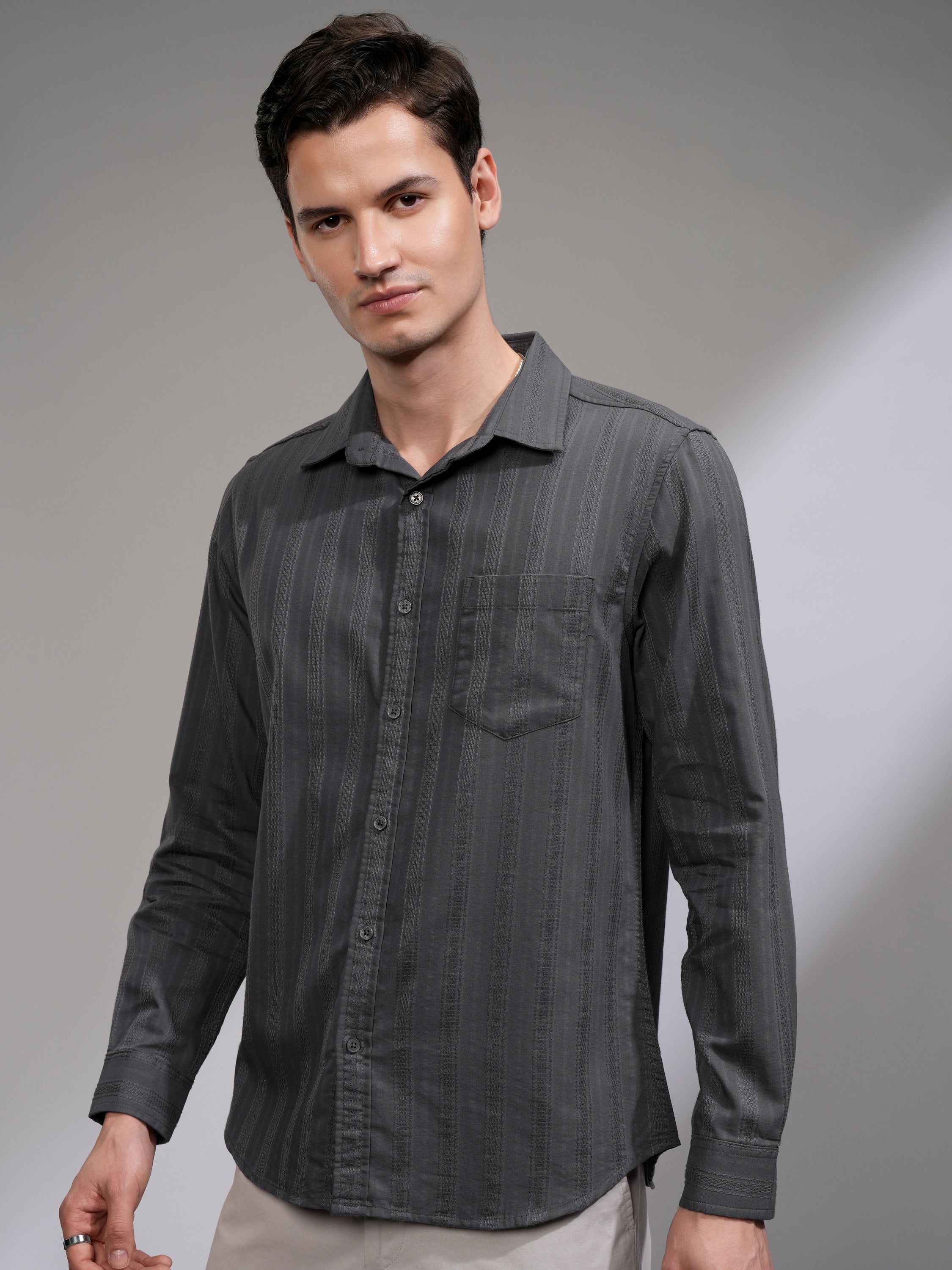 Highlander Men Grey Striped Slim Fit Casual Shirt - Grey - Image 4