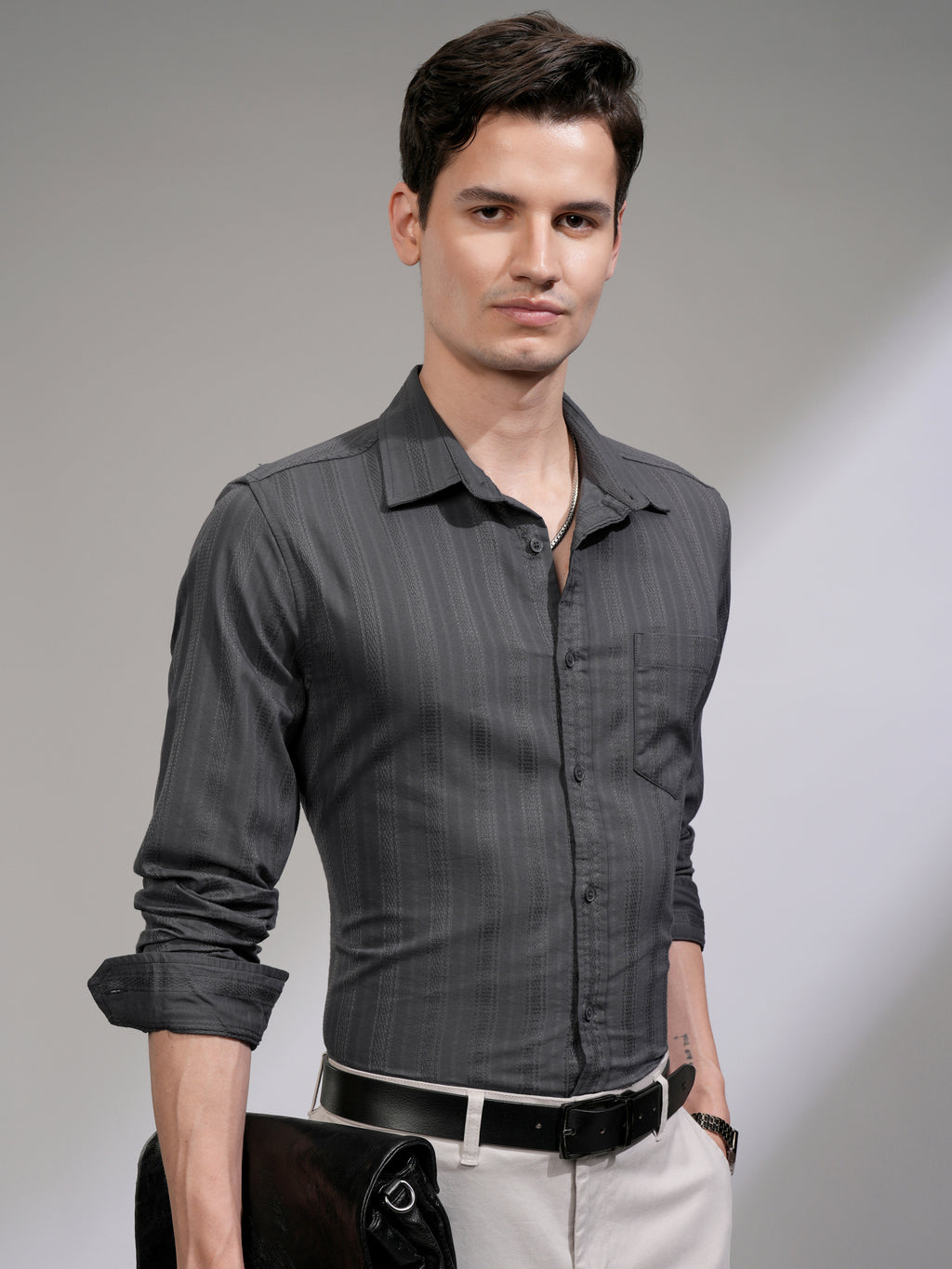Highlander Men Grey Striped Slim Fit Casual Shirt - Grey - Image 6