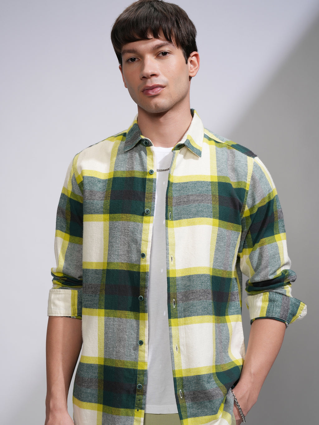 Highlander Men Off White Checked Slim Fit Casual Shirt - Off White - Image 1