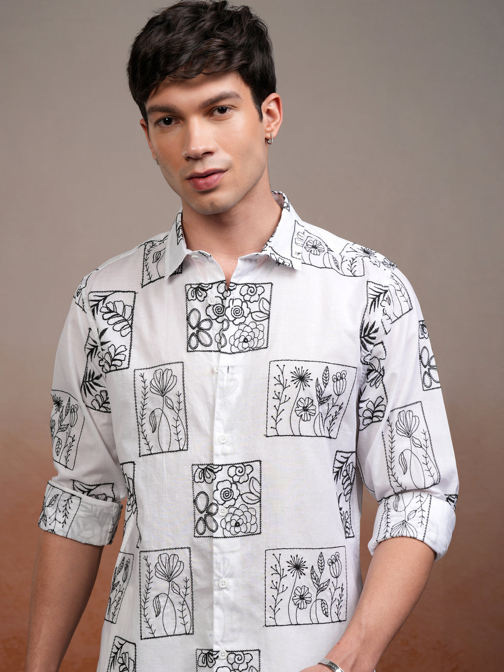 Highlander Men White Embroidered Slim Fit Casual Shirt - White - Image 1