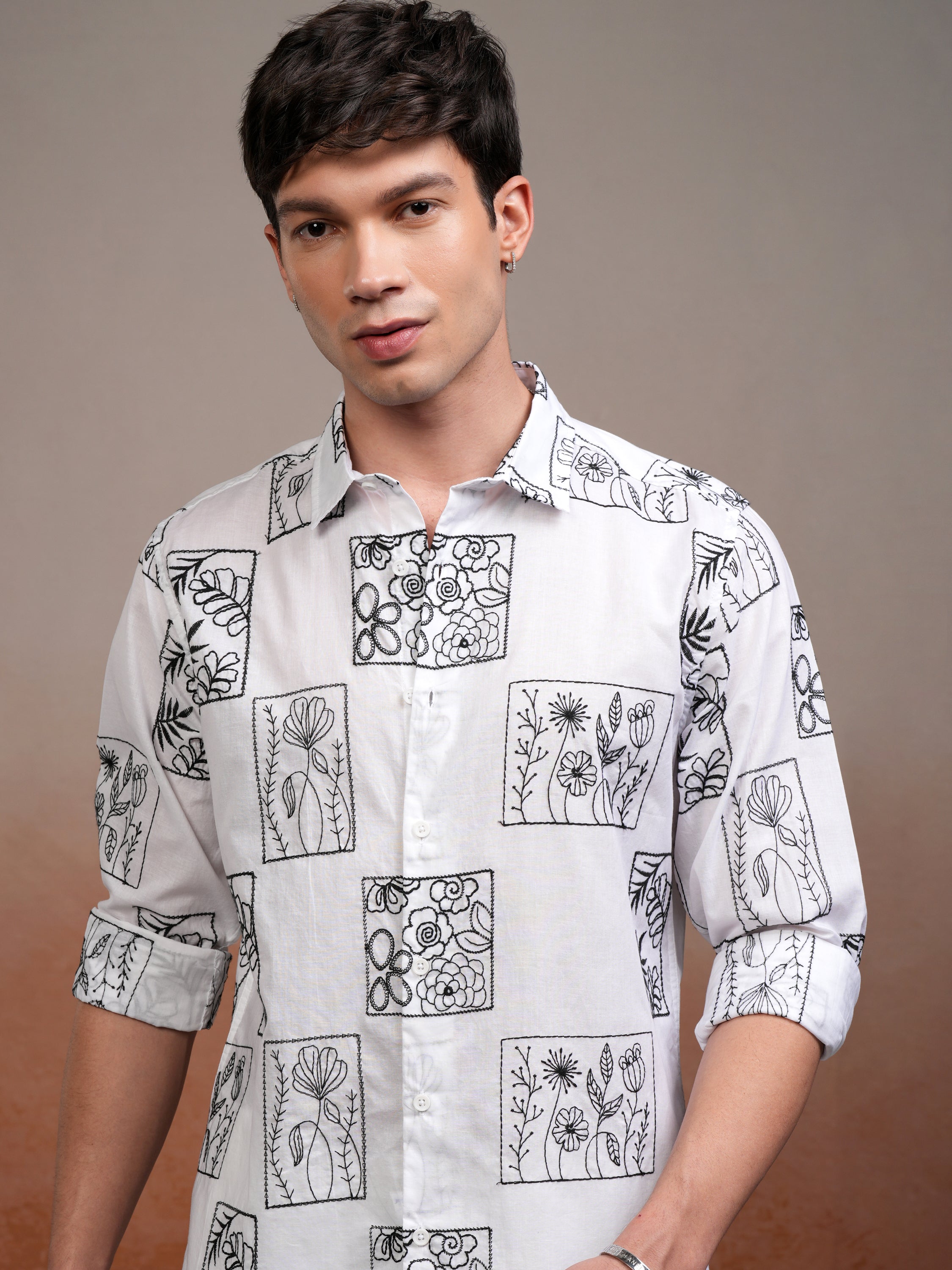 Highlander Men White Embroidered Slim Fit Casual Shirt - White - Image 1