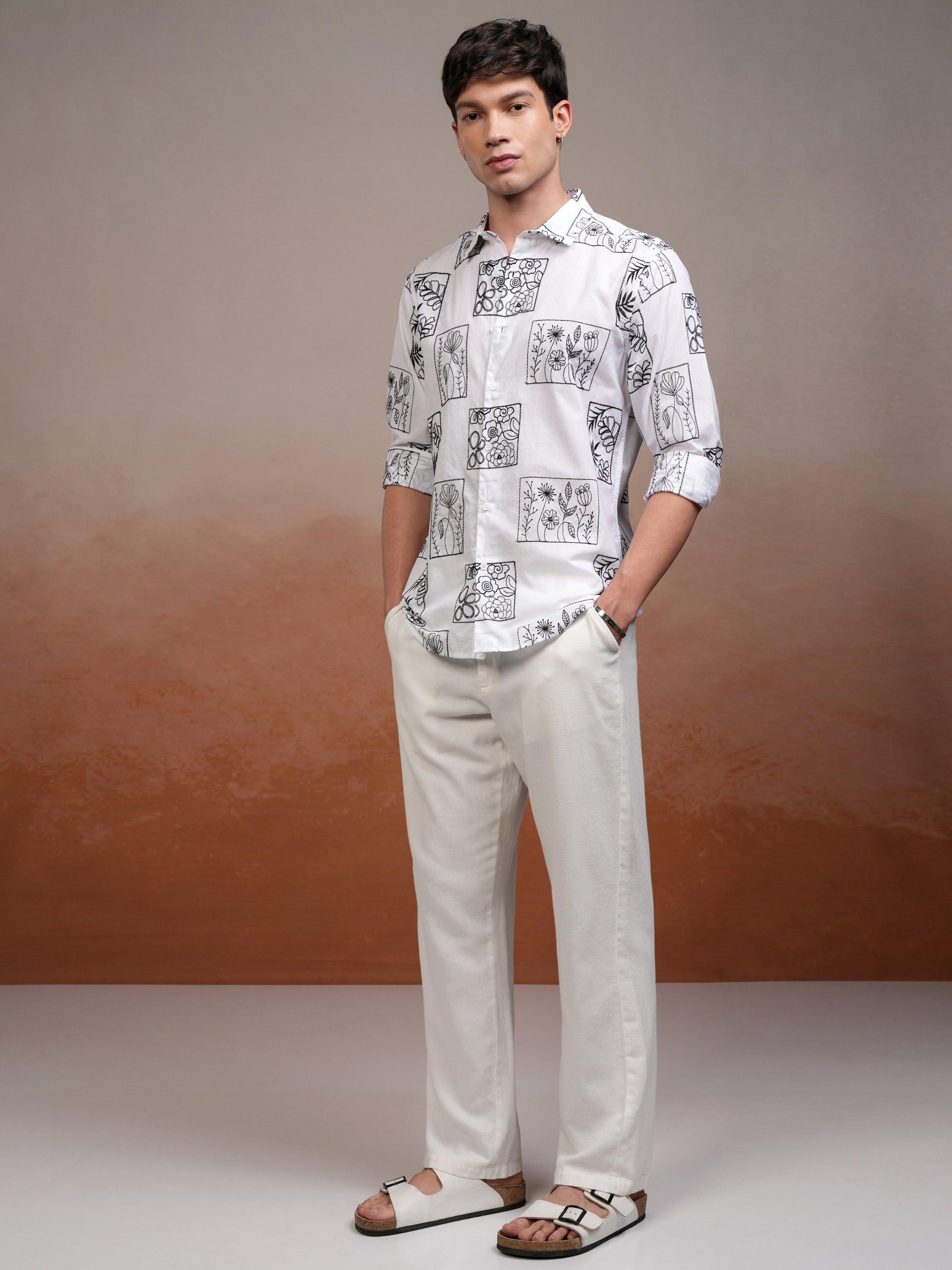 Highlander Men White Embroidered Slim Fit Casual Shirt - White - Image 2