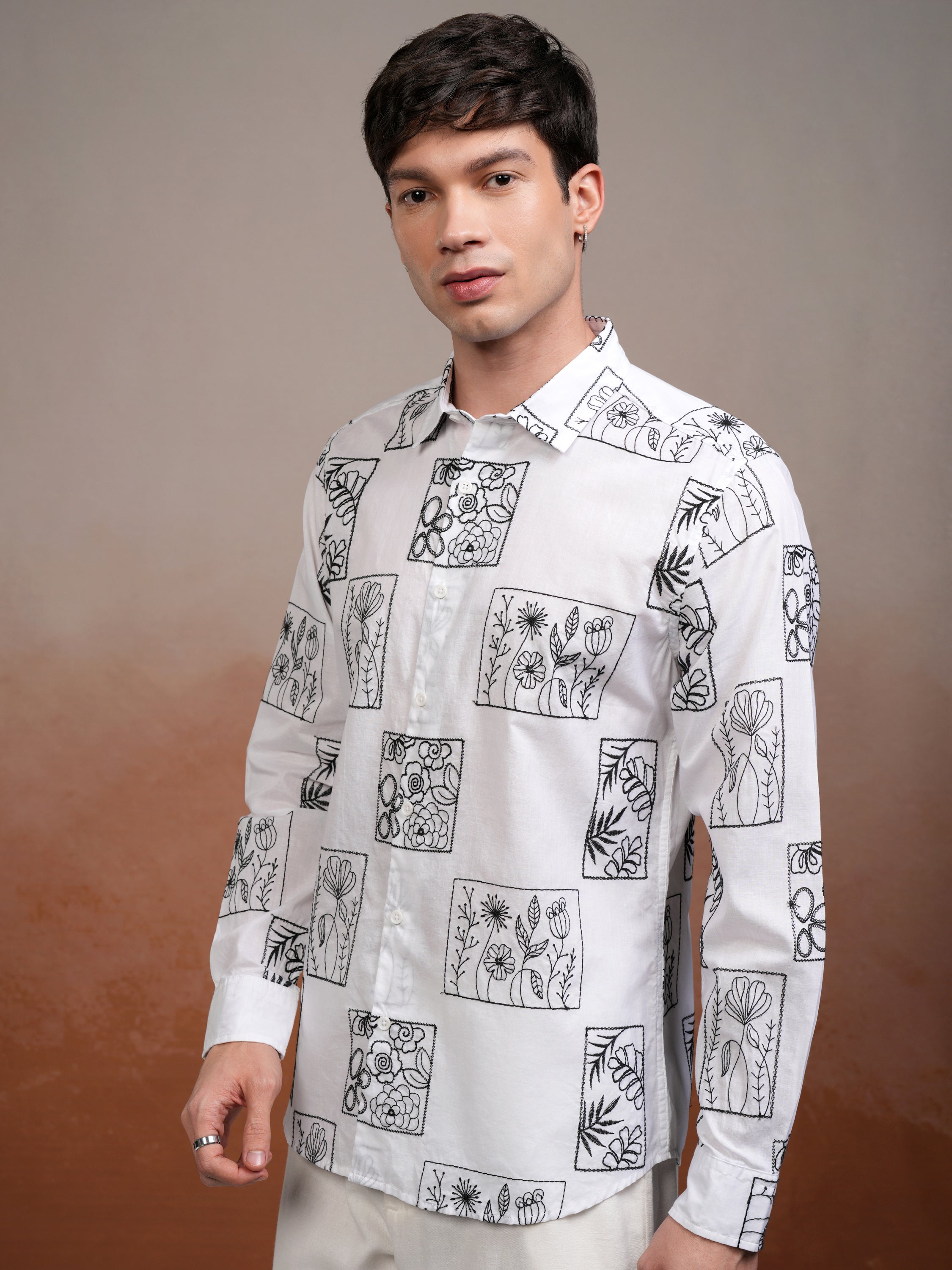 Highlander Men White Embroidered Slim Fit Casual Shirt - White - Image 4