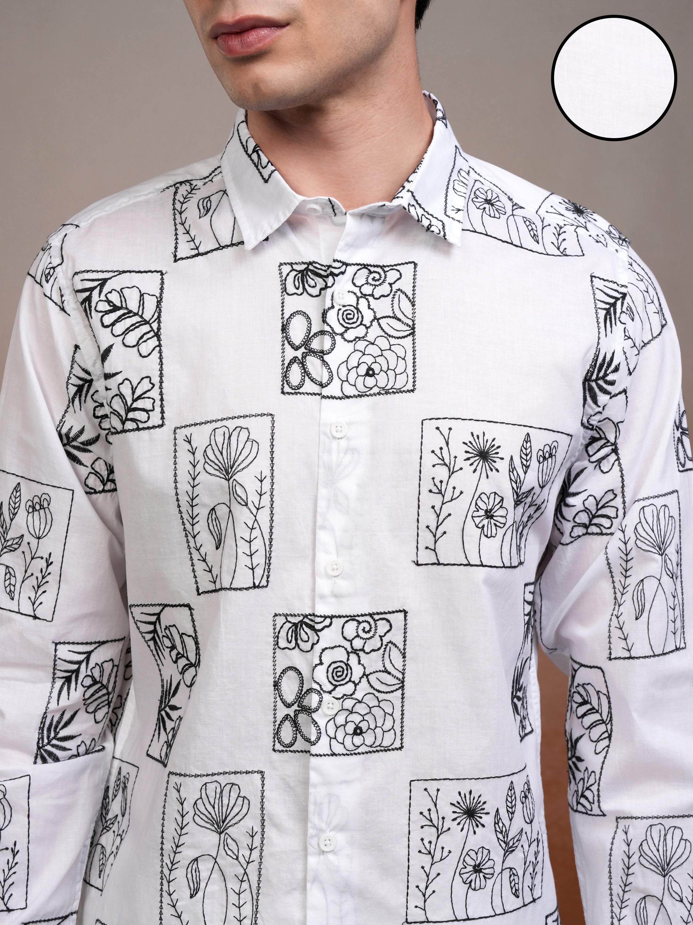 Highlander Men White Embroidered Slim Fit Casual Shirt - White - Image 5